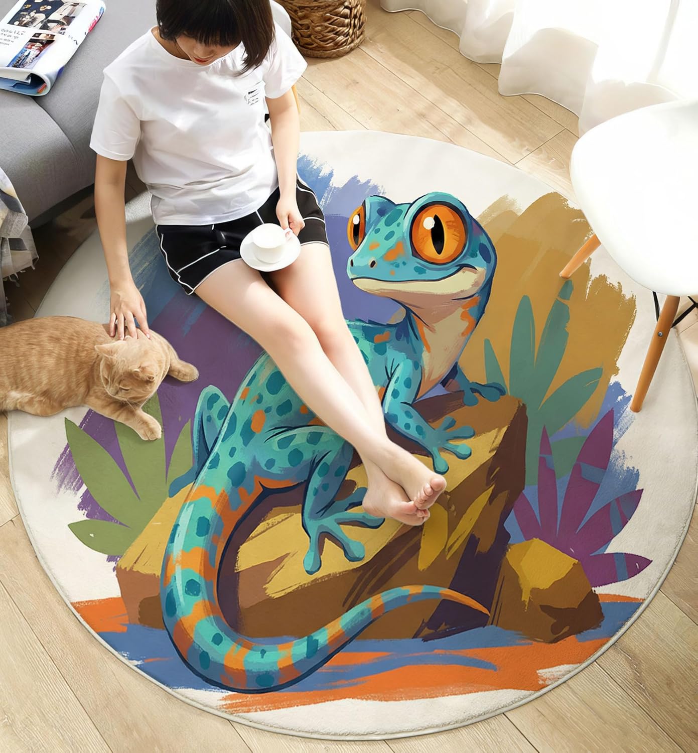 Modern Round Area Rug for Living Room, 5Ft Washable Round Rug Turquoise Watercolor Gecko Rocks Circle Rugs for Dining Room Table, Cartoon Animals Small Circular Floor Carpet for Bedroom