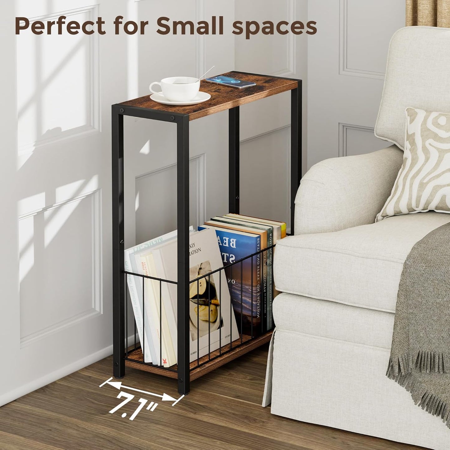 Narrow Side Table with Magazine Holder, Skinny End Table Perfect for Small Spaces, Space-Saving Design for Living Room, Bedroom, or Office, 7.1" D x 16.9" W x 23.6" H, Rustic Brown