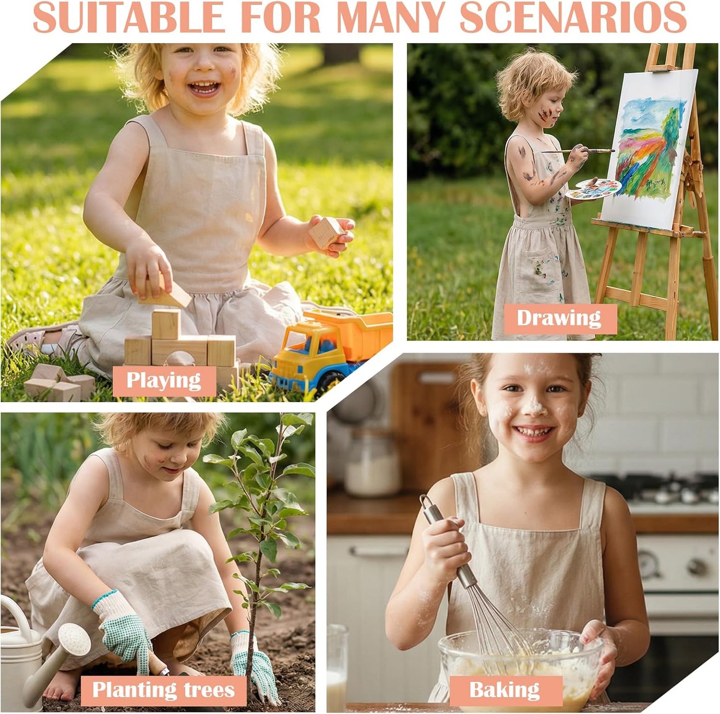 Kids Cross Back Apron with Pockets, Toddler Apron for Girls and Boys, Japanese Style Pinafore Aprons for Toddler Painting, Cooking, Baking, Gardening - Beige