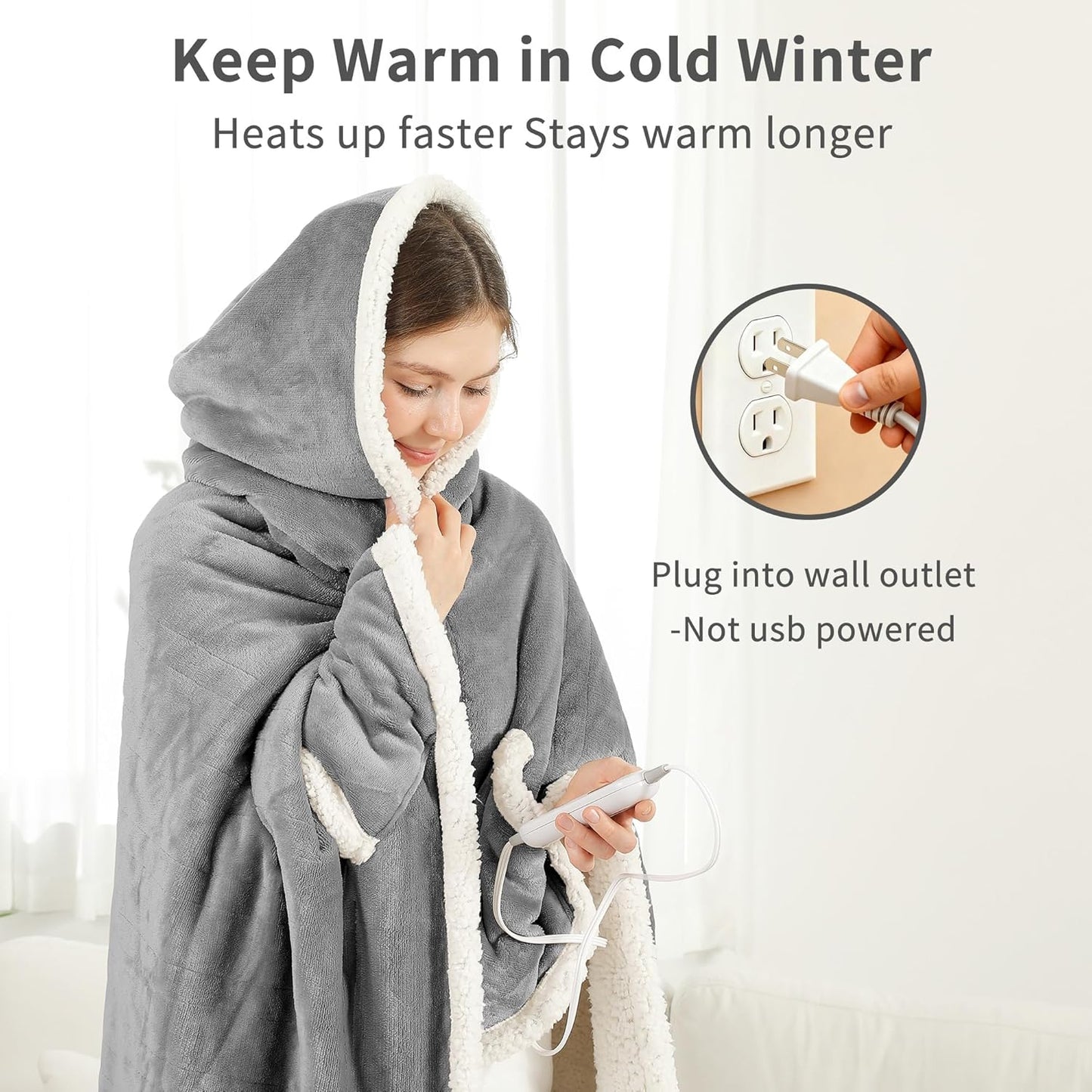 ESTINGO Wearable Heated Blanket Electric Throw, Heated Shawl with 6 Heating Levels and 1-4 Hours Auto Off, Heated Hoodie Women for Mom Women Seniors Grandma 50"×64" Light Grey