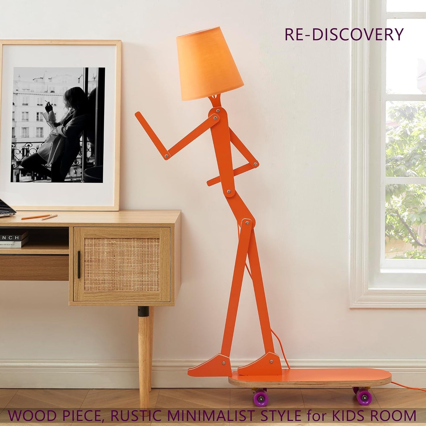 Cool Wood Floor Lamp for Living Room Bedroom Kids Bedside - Unique Office Decorative Corner Reading Standing Swing Arm Light for House Home Gift Ideas - LED Bulb Included (Orange-Skateboard)