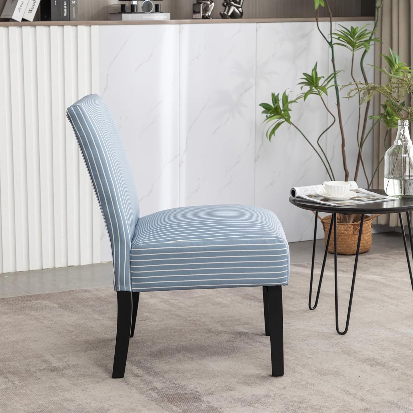 Roundhill Furniture Botticelli Blue Stripe Upholstered Slipper Accent Chair
