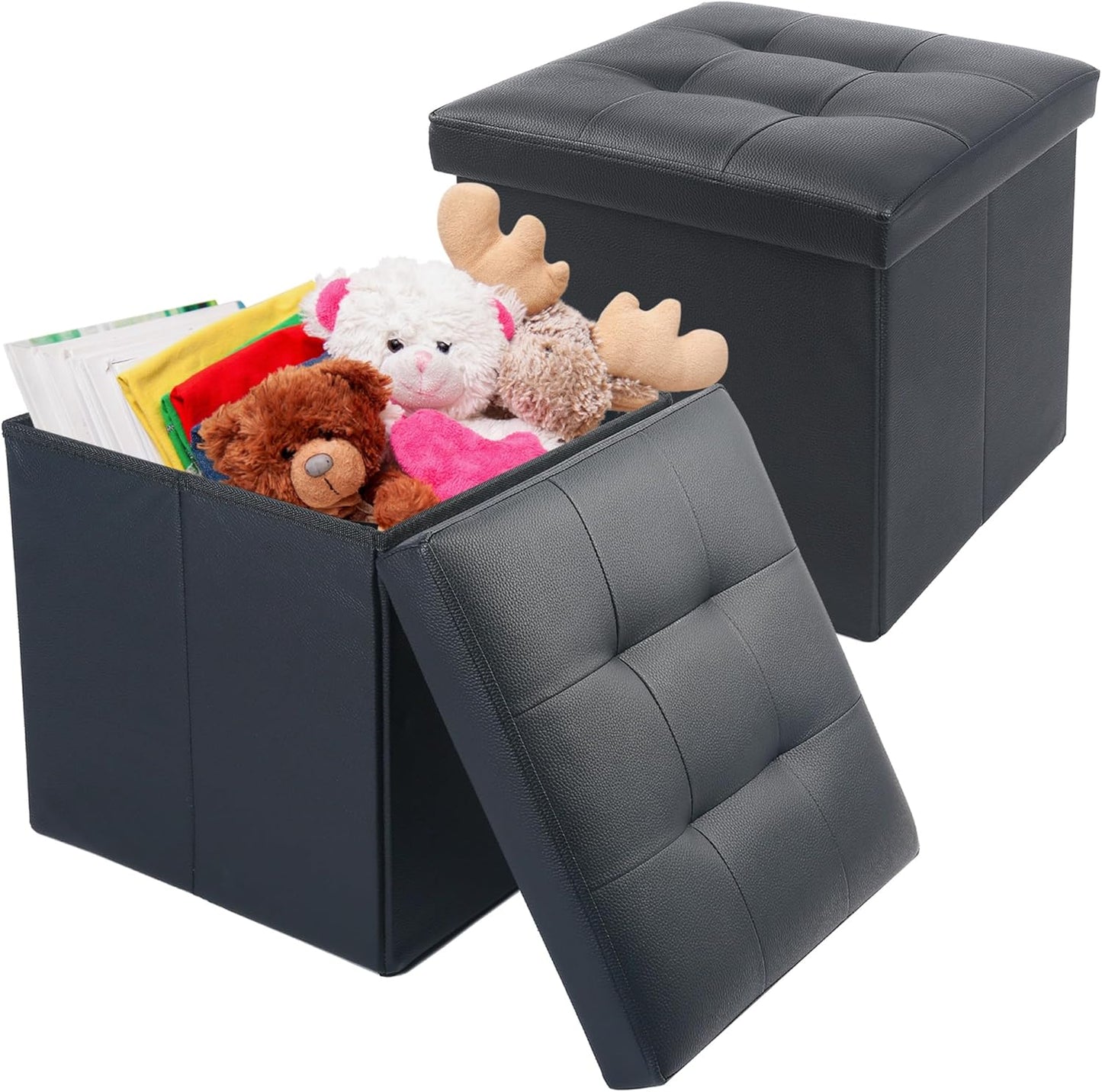 LotFancy Storage Ottoman, 2 Pack, Foldable Foot Rest Stool, 13x12x12 Inches Small Leather Bench with Storage, Holds up to 260 lb, for Living Room, Bedroom, Dorm, Black