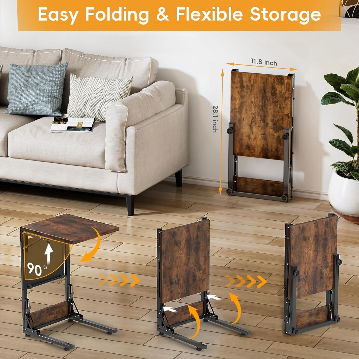 Folding TV Tray Table, Small Folding Side Table with Storage Bag, Portable C Shaped End Stand for Couch Sofa Bed, Rustic Brown