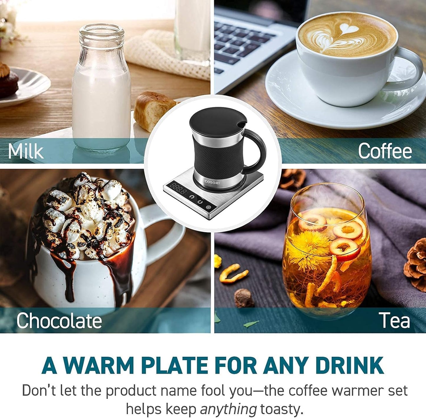 COSORI Coffee Mug Warmer & Mug Set for Desk, Cup Heater, Office & Christmas Gifts, 1°F Precise Temperature Control, Touch Tech & LCD Digital Display (77-194℉), 304 Stainless Steel, Silver/Black
