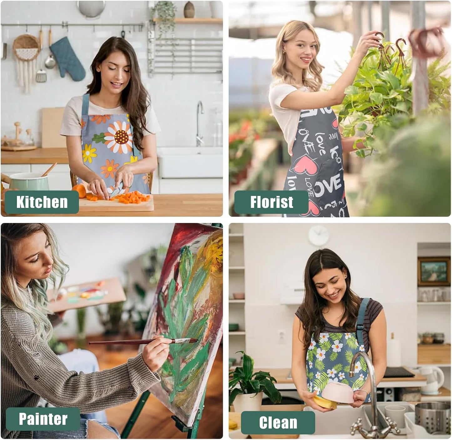 Jeffbaubl 4 Pack Floral Aprons with Pocket, Adjustable Cooking Aprons, Waterproof Aprons for Women, Kitchen Aprons with Pockets for Cooking Gardening Baking Salon