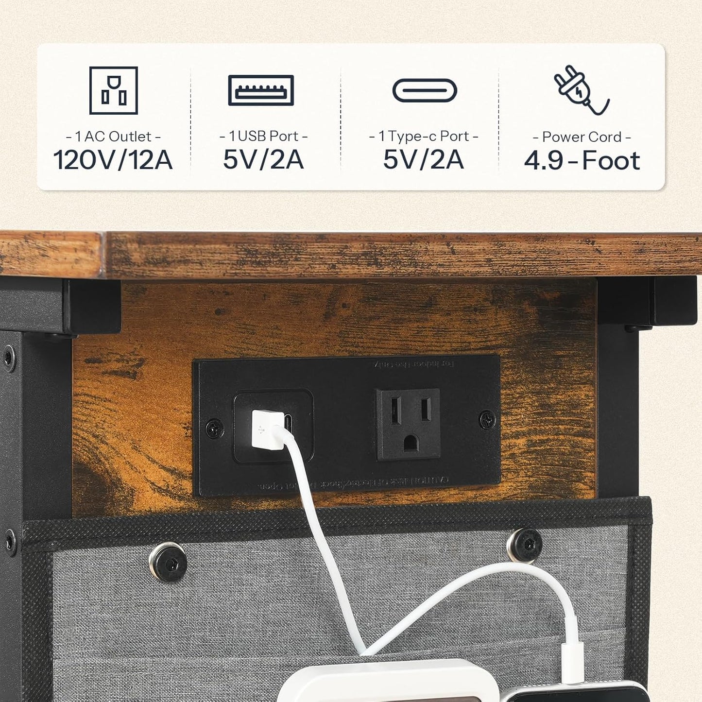 HOOBRO C Shaped Side Table with Charging Station, Slide Under Couch Table, 27.8" Tall Side Table for Sofa Arm with Fabric Storage Pocket, for Living Room, Bedroom, Rustic Brown BF73USF01
