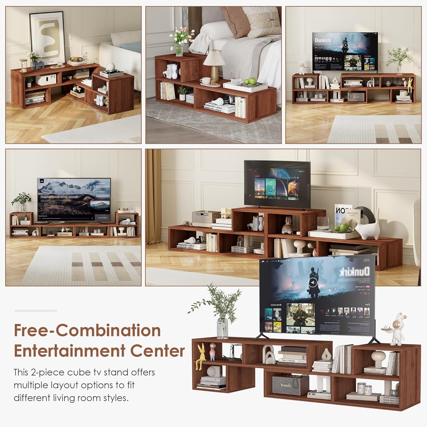 2-Piece Bookshelf TV Stand, L-Shaped Entertainment Center for 45–70" TVs, Cube TV Stand, Media Console Table with Storage Cubes, Open Storage Bookcase for Living Room, Bedroom, Home Office