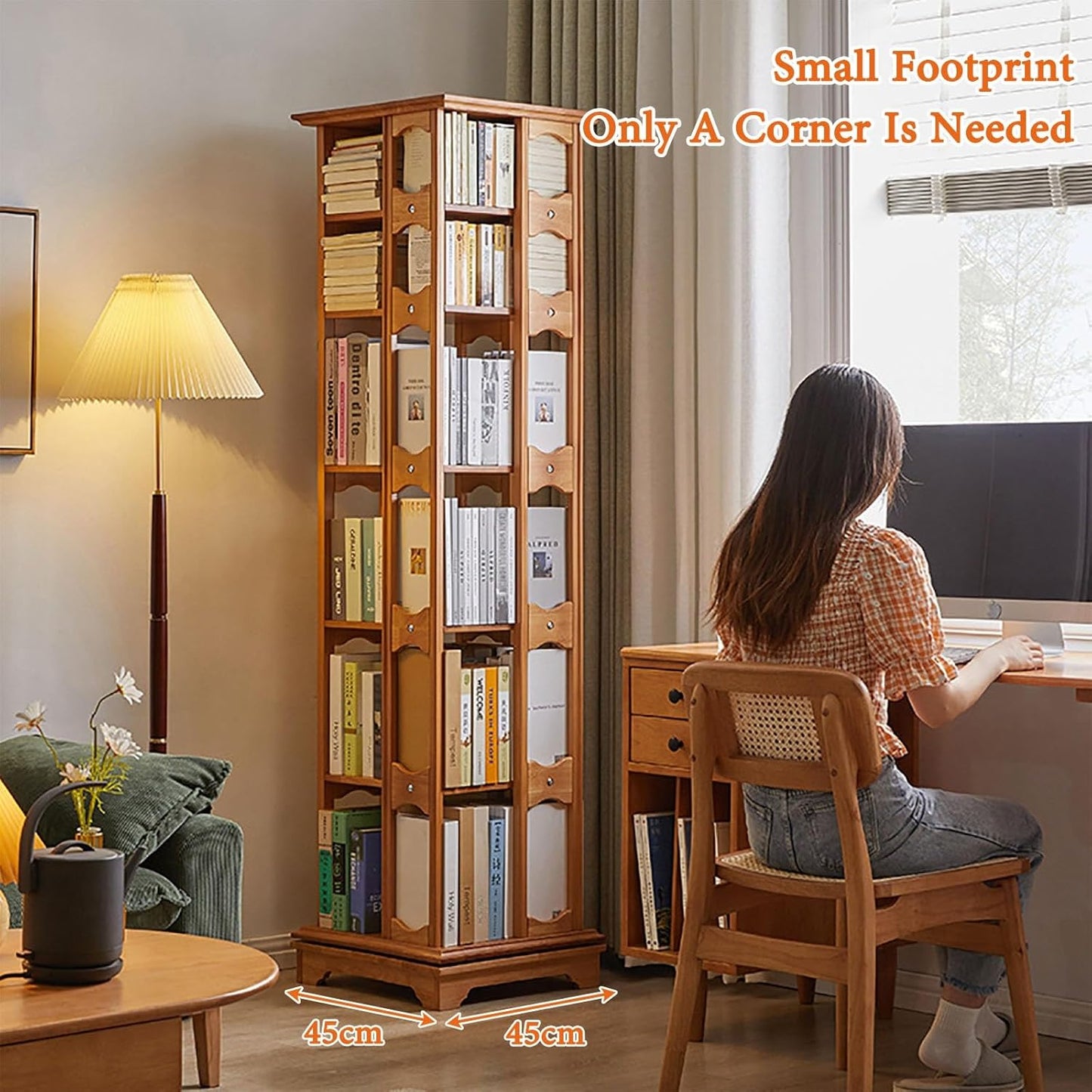 360° Solid Wood Rotating Bookshelf 4/5/6 Tier 360° Rotating Bookcase Spinning Bookshelf Tower For Kids & Adults Corner Bookshelf For Small Space Square Narrow Bookshelf For Bedroom Living Room(45x45x1