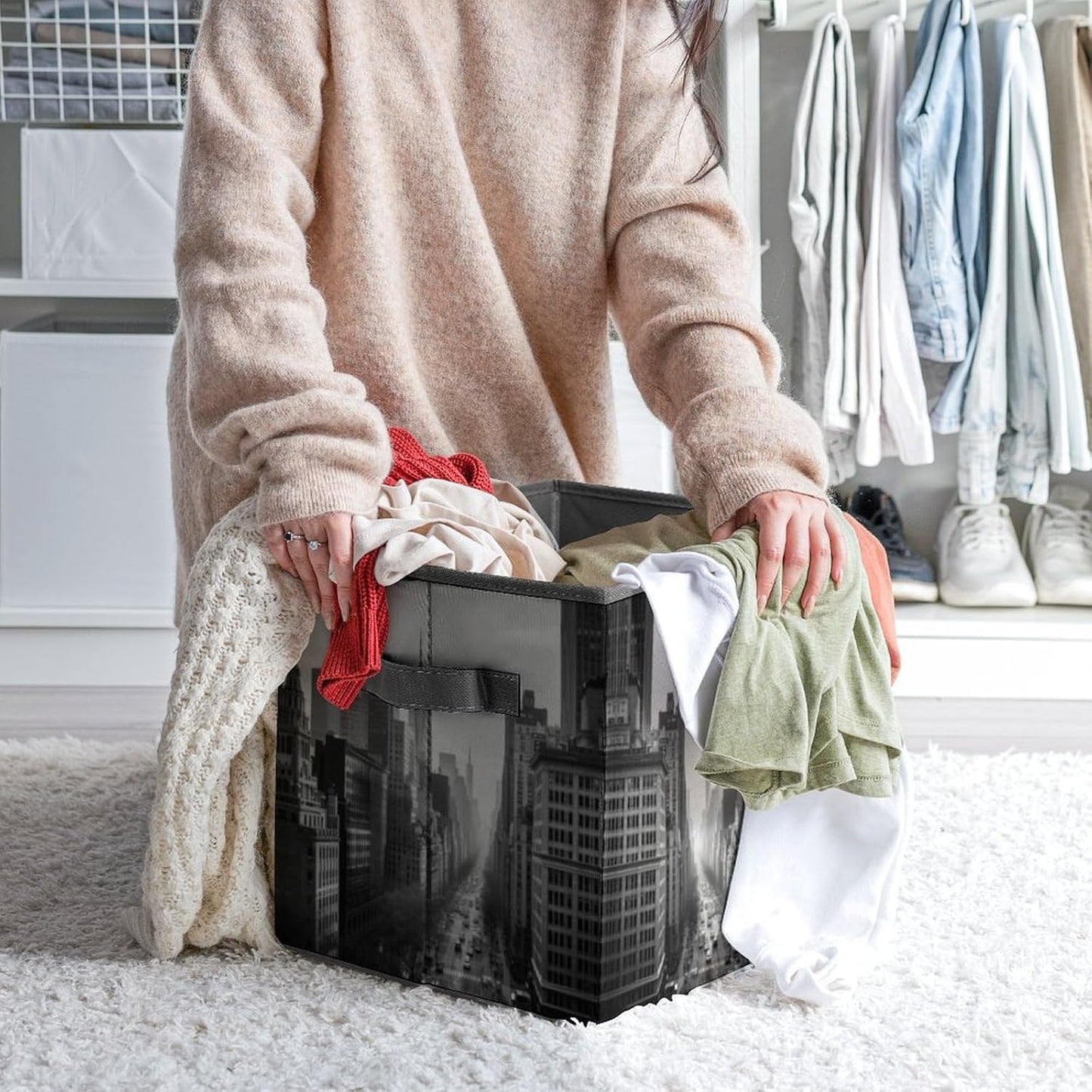 Black And White New York Storage Bins with Handles Fashion Large Storage Cubes Sturdy Foldable Storage Boxes Space-Saving Storage Baskets for Home Office Clothes Closet Organizers