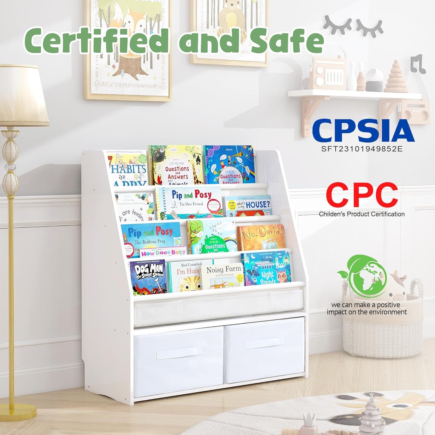 MallBest Solid Wood Toddler Bookshelf with Storage Bins – Montessori-Inspired Front-Facing Book Rack for Kids, Ages 1-5, Easy Assembly, White