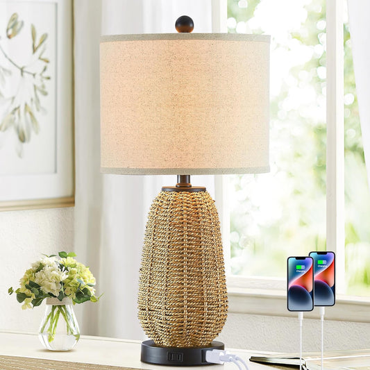 Touch Control Rattan Table Lamp, 3 Way Dimmable Bedside Lamp for Bedroom with 2 USB Ports and AC Outlet, Nightstand Lamps for Living Room(LED Bulbs Included), Grass-1PK