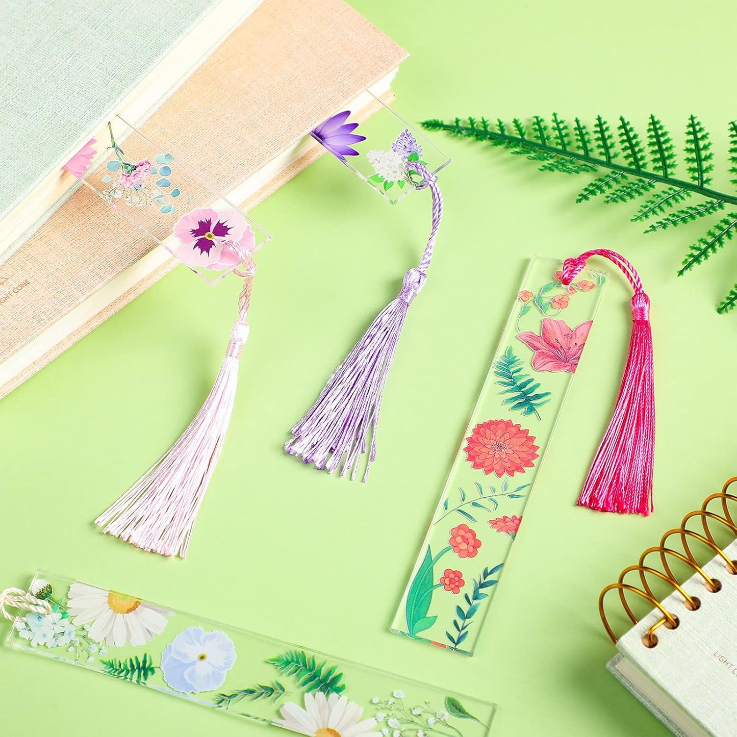 Outus 8 Sets Flower Acrylic Bookmarks for Reading Women Transparent Acrylic Cute Floral Bookmarks with Colorful Tassels Gift for Women Teacher Book Lovers Reading, 8 Styles