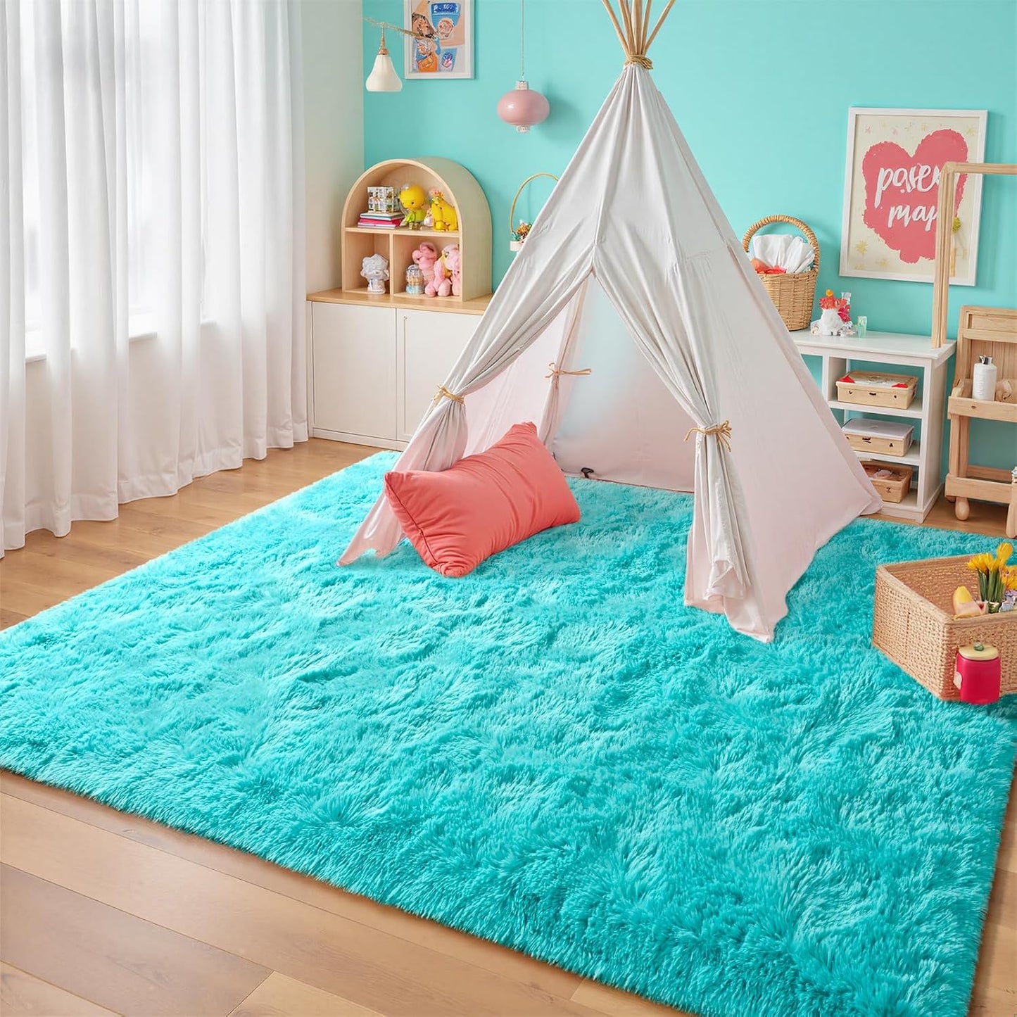 junovo Blue Washable Area Rug for Boys Bedroom Living Room, 4x5.3 Soft Non-Slip Fluffy Rugs, Shag Plush Memory Foam Carpet for Kids Room Baby Nursery Home Decor