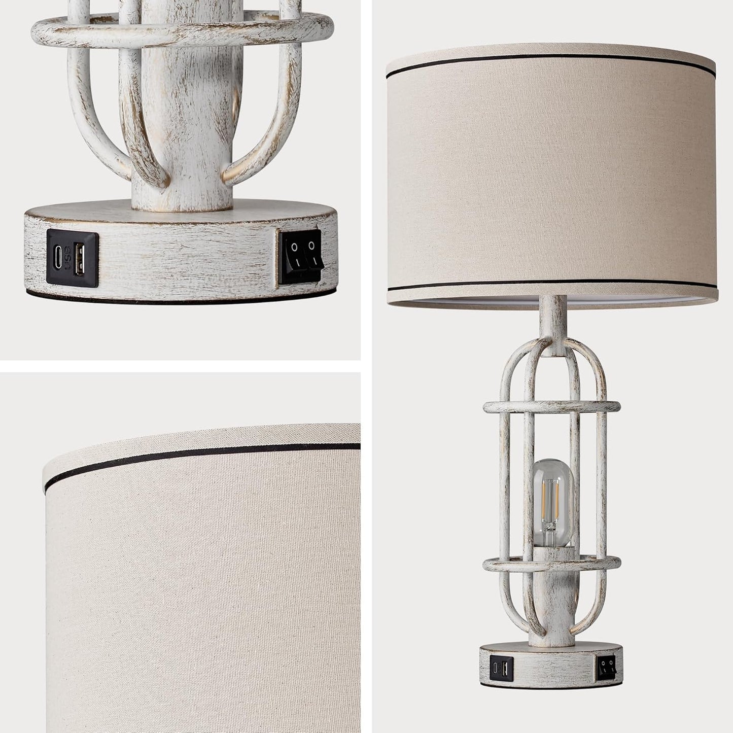 22.3" Farmhouse Table Lamps Set of 2, Vintage Lamps for Living Room End Tables, Bedroom Lamp for NightStand with USB C+A Ports, Antique White