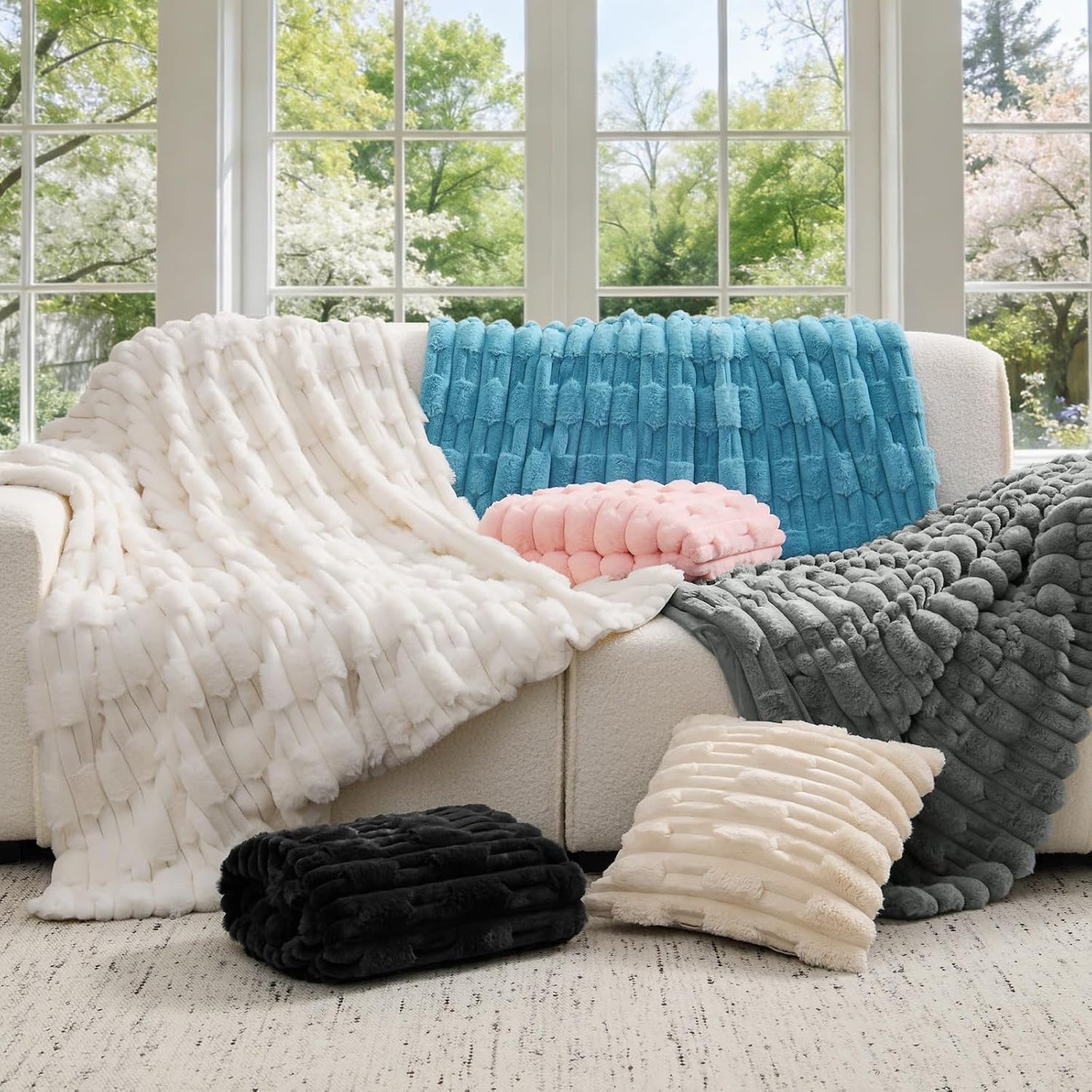 BEDELITE Faux Fur Cream Throw Blanket for Couch - Super Soft & Cozy Plush Striped Blanket for Sofa and Room Decor, Luxury Fluffy All-Season Blankets Gift for Women, Men, Mom, Dad, 50x60 inch, Cream