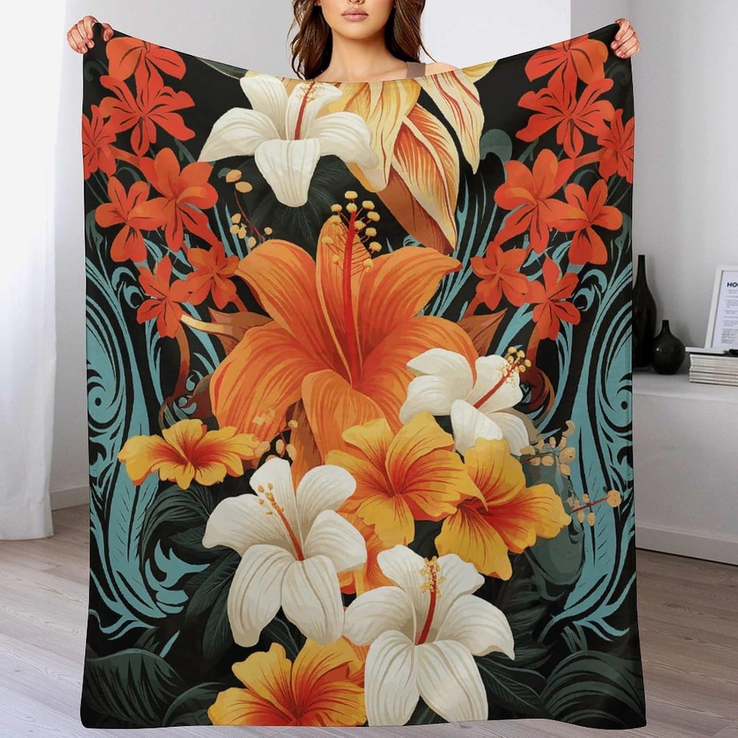 Flowers And Hawaiian Tribal Patterns on Black Background Throw Blanket for Couch Super Soft Warm Lightweight Throw Blankets Cozy Flannel Bed Blanket Cute Decorative Blankets for All Seasons Home Decor