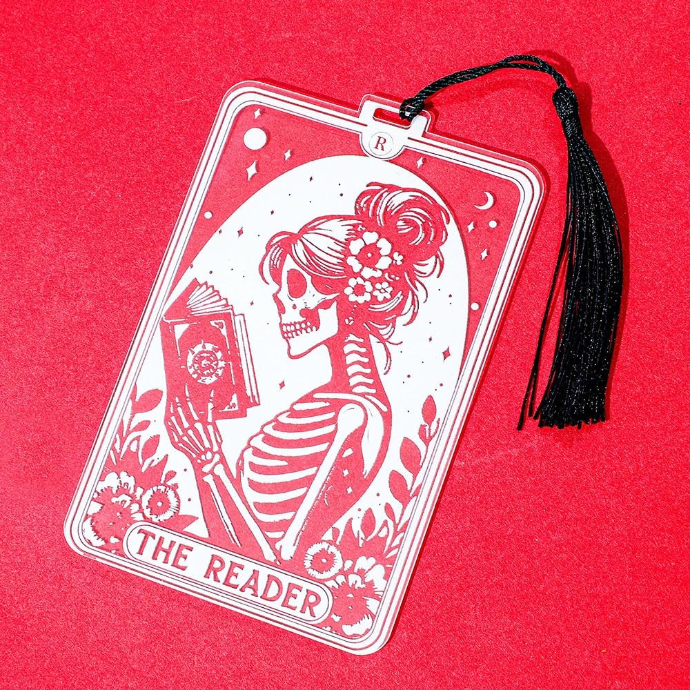 1Pc Translucent Gothic Skull Bookmarks for Women Readers - “Reader” Themed Acrylic Bookmark with Tassel for Nurses, Retirees, Men Gifts, Book Page Accessories, Reading Markers (Women Reader)