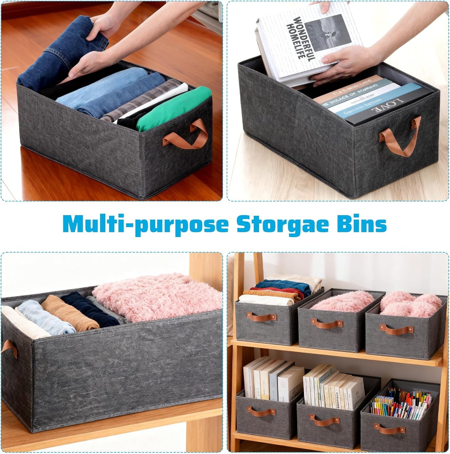 6PCS Fabric Storage Cubes Organizer with Handles, 18.5 x 10.6 x 7.9 Foldable Large Capacity Closet Storage Bins Boxes Sturdy Shelves Basket for Clothing Sheets Toys Books DVD
