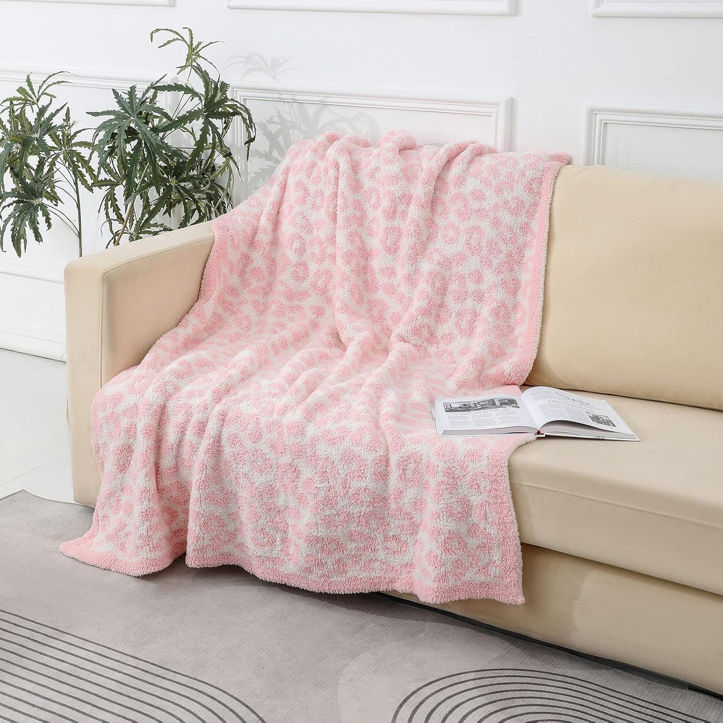 bearberry Fuzzy Leopard Knitted Throw Blanket Soft Cozy Warm Microfiber Blanket for Couch Sofa Bed Travel (Pink/Cream, 40"x50")
