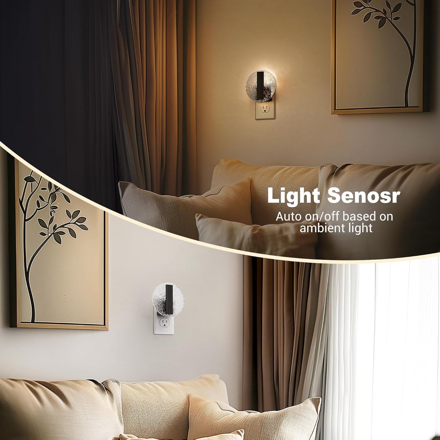 JandCase Night Light, LED Night Lights Plug into Wall, 3000K Warm White Nightlight with Dusk to Dawn Light Sensor, 0-100LM Adjustable Brightness, for Bathroom, Bedroom, Hallway, Stairs, 2 Pack