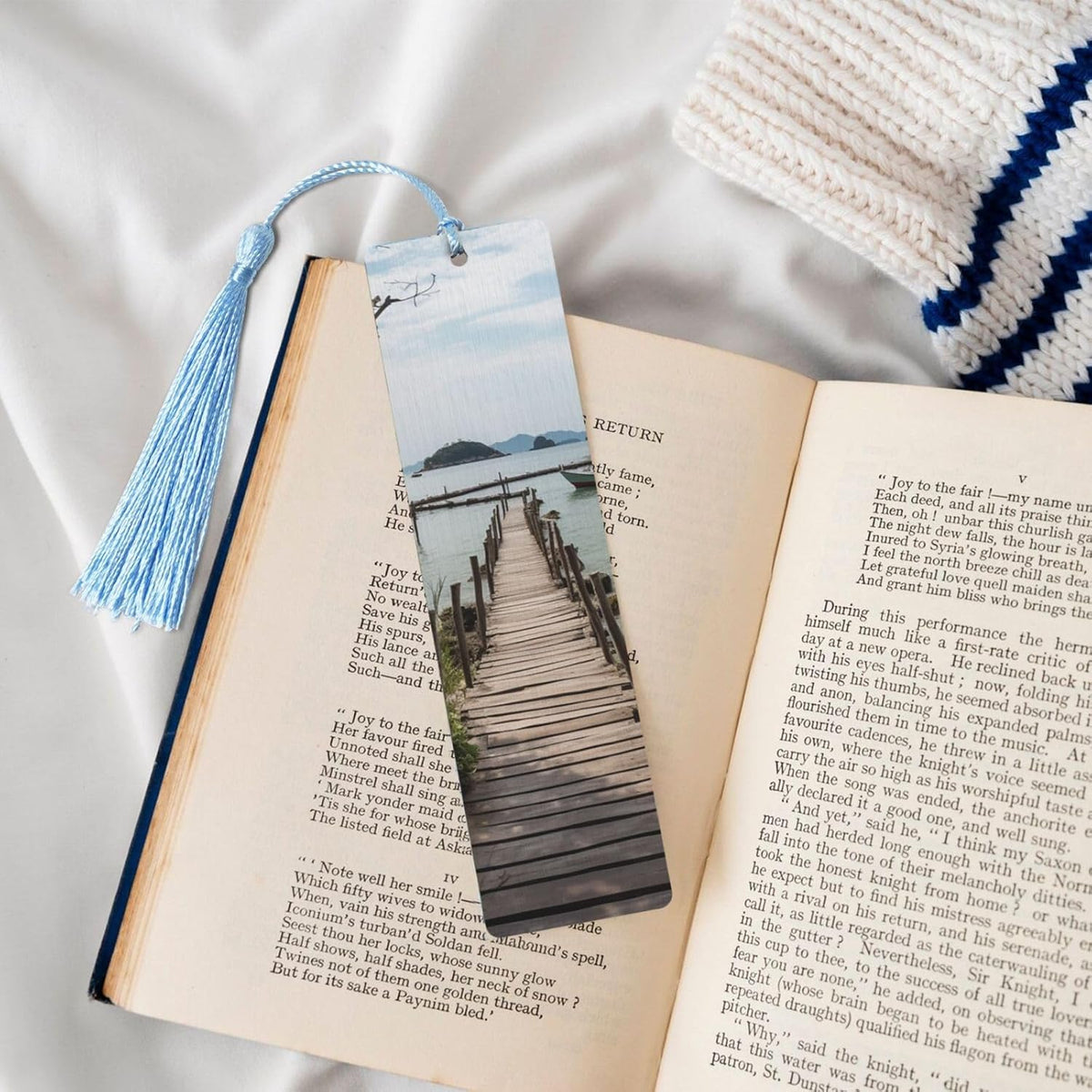Wooden Path Bookmarks Gifts for Women Men, Wooden Bookmarks for Book Lovers, Vintage Book Marks Ornaments with Tassel, Unique Personalized Reading Page Markers Sky Blue