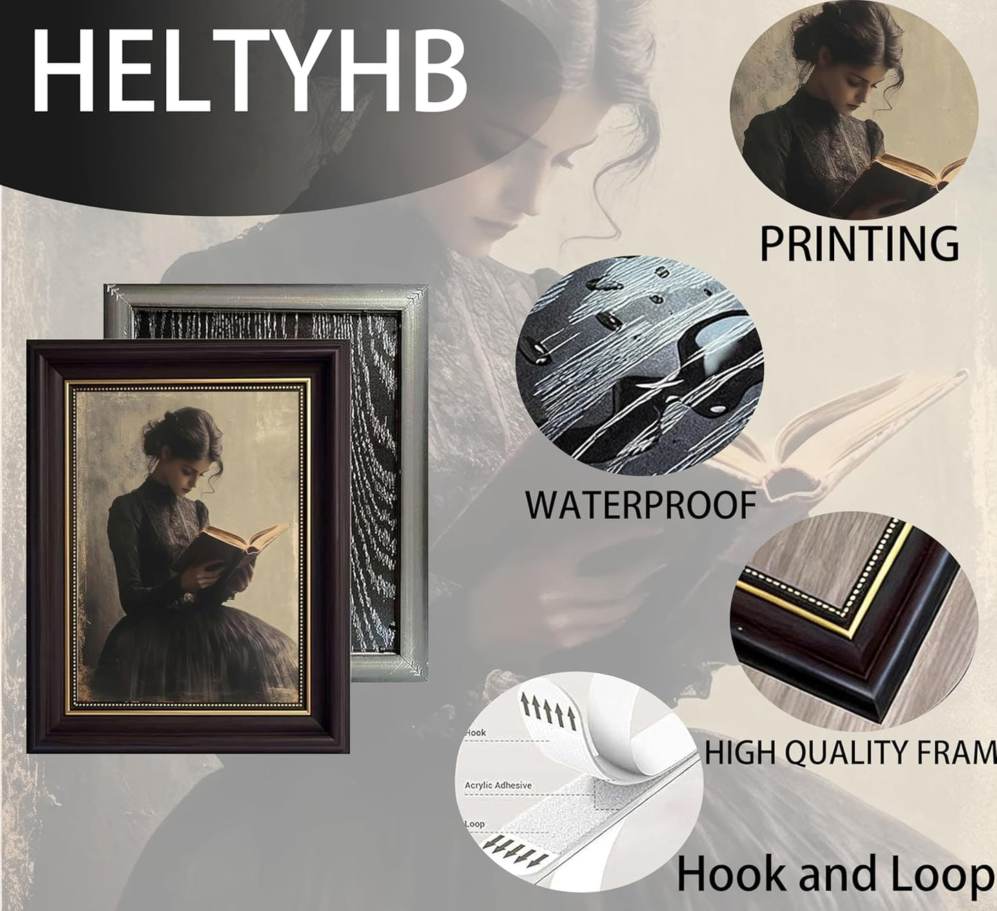 HELTYHB Vintage Dark Brown Framed Wall Art - Vintage Reading Woman Canvas Prints, Dark Academia Decor for Living Room & Study Room, Gifts for Friends & Family (9x11 Inch)