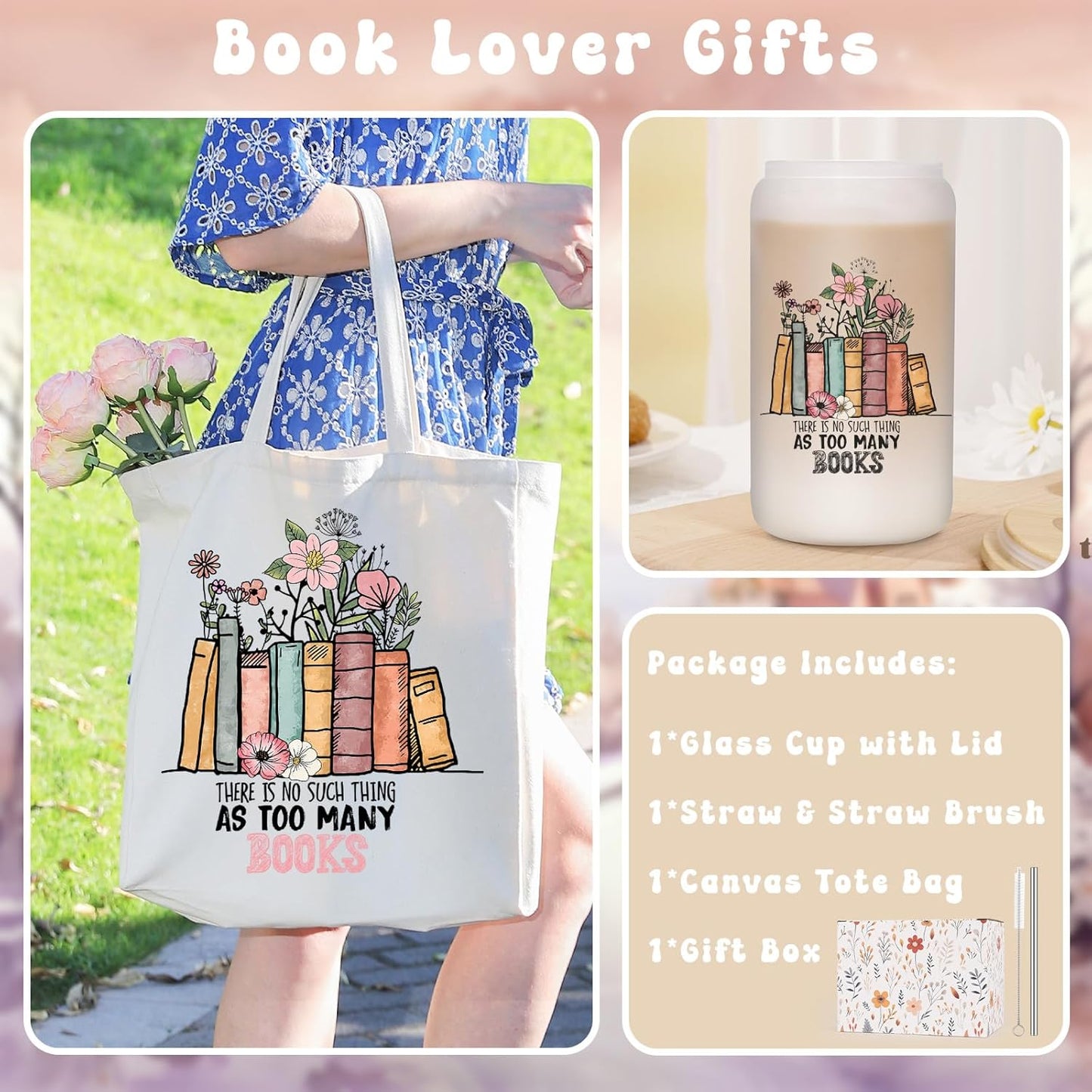 Fairy's Gift Book Lovers 캔버스 토트백 & 반투명 유리 컵 세트, 책 애호가를 위한 어머니의 날 생일 책 선물, 독자를 위한 선물, 여성 사서 교사, 독서 액세서리, 책벌레 선물