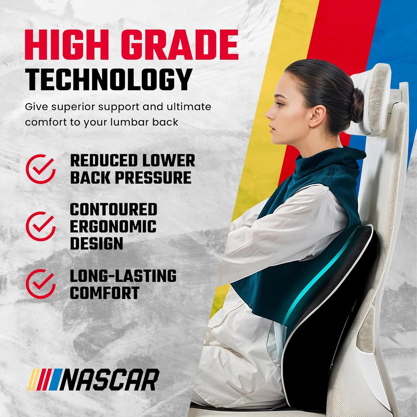 NASCAR Lumbar Support Pillow for Office Chair, Car, Gaming Chair, Home | Contoured Ergonomic Back Support | Premium Memory Foam | Breathable & Washable Jaquard Velvet Cover w/Adjustable Strap, Black