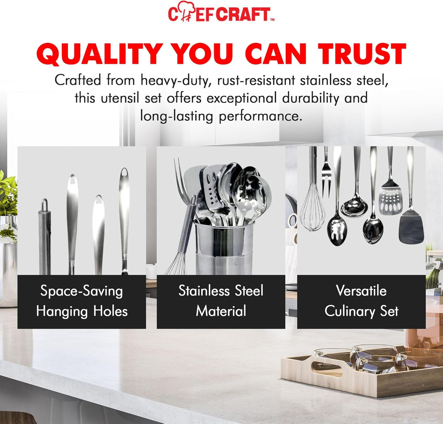 Chef Craft - 8 Piece Stainless Steel Kitchen Utensils Set with Utensil Holder