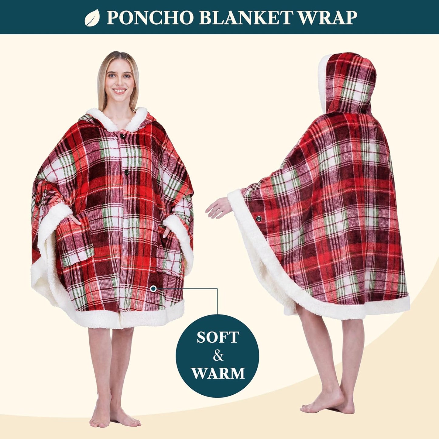 PAVILIA Sherpa Fleece Wearable Blanket for Adult Women, Cozy Plush Blanket Poncho Cape with Hood, Super Soft Shawl, Angel Wrap Throw for Office, Tartan Plaid