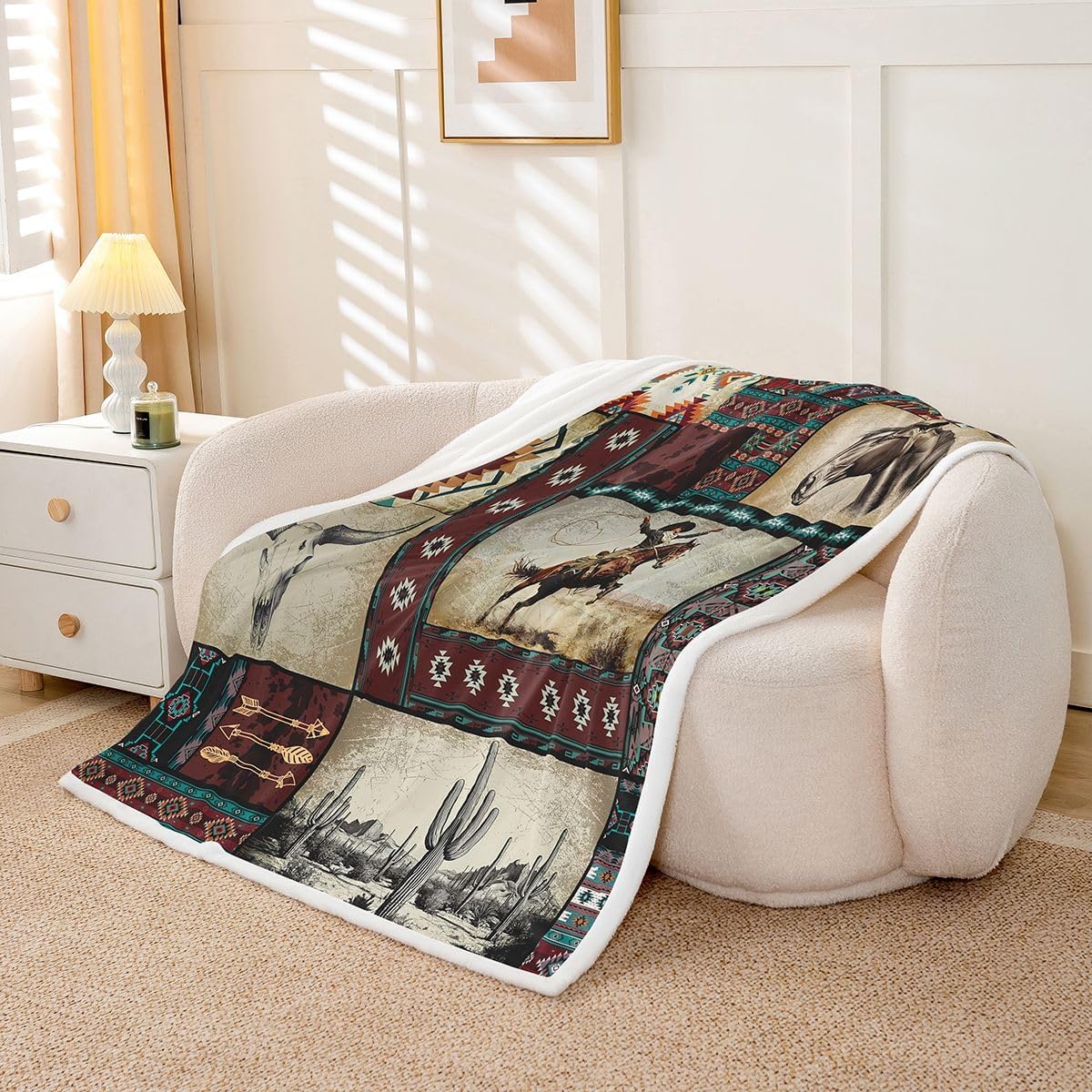 Feelyou Western Cowboy Throw Blanket Rustic Southwestern Plaid Soft Fleece Sherpa Cozy Fuzzy Plush Warm Wild West Fuzzy Plush Throw Throw 50"x60" for Bed Couch Living Room