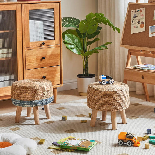 YMYNY Foot Stool Natural Seagrass Hand Weave, 12.6" Small Ottoman, Round Footrest for Living Room, Bedroom, Entryway, Change Shoes Stool, Non-Skid Wood Legs, Boho, Natural, UHBD027N