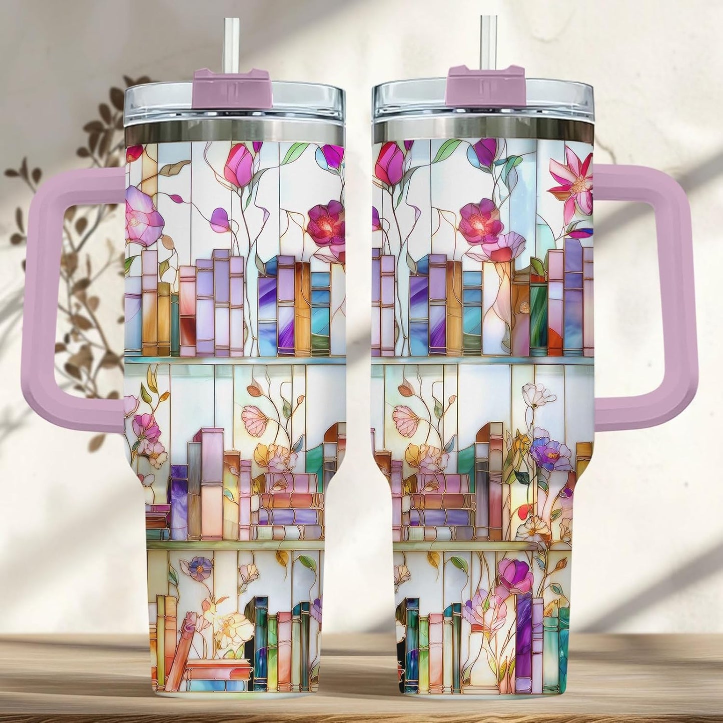 Reading Tumbler 40oz Stainless Steel with Handle and Straw Bookish Travel Mug Insulated Coffee Cup Gift for Book Lovers Women Teacher Librarian