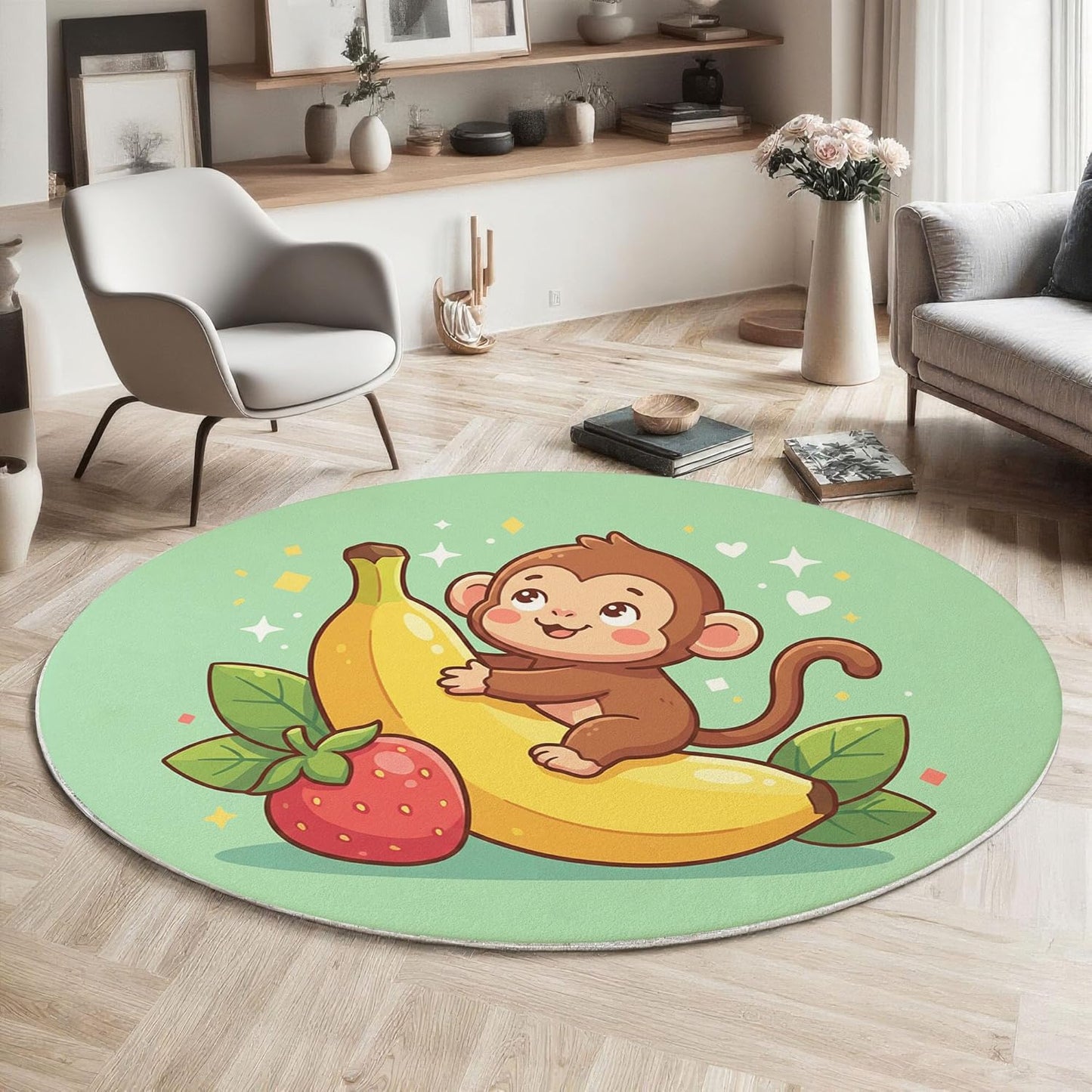 Round Rug for Kids Room, Cartoon Monkey Banana Round Rugs 4Ft, Cute Animals Circle Rug, Sage Green Washable Circle Carpet for Living Room Bedroom, Non Slip Low Pile Thin Area Rugs