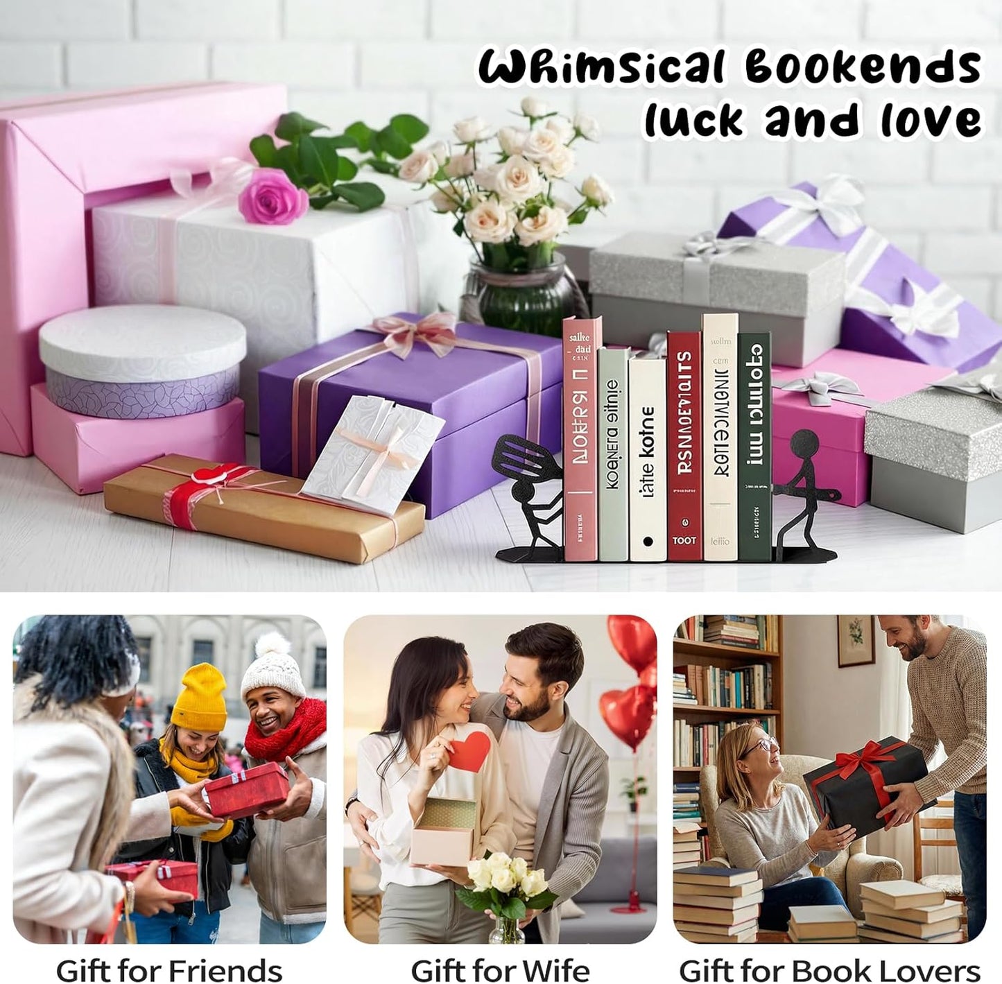 ENCIMART Bookends Decorative Metal Book Ends for Shelves, Kitchen Bookends for Heavy Books, Unique Cute Cookbook Organizer Book Holder for Kitchen Housewarming Cooking Book Lover Gifts