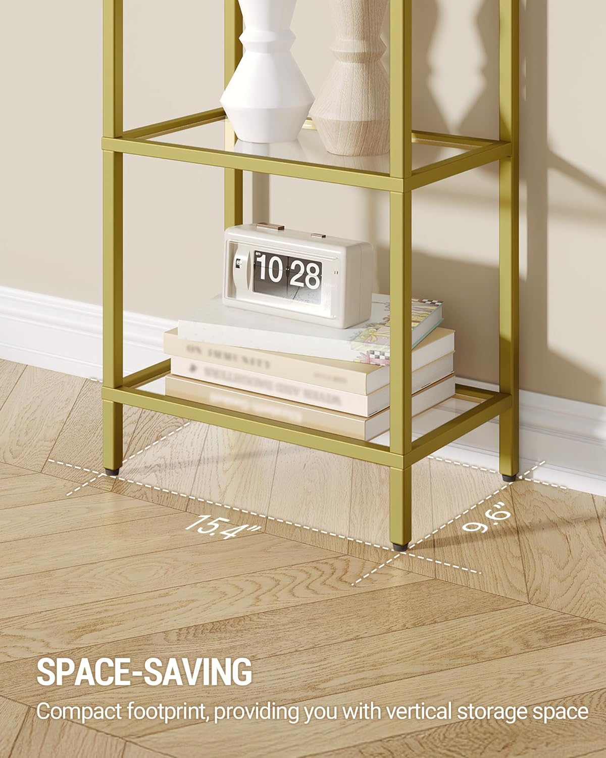 Bookshelf, Tall Narrow Bookcase with LED Lights, Tempered Glass Bookshelves with Steel Frame, Display Shelf, Slim Shelving Unit for Living Room, Bedroom, 9.6"D x 15.4"W x 66.5"H Gold BC34699G