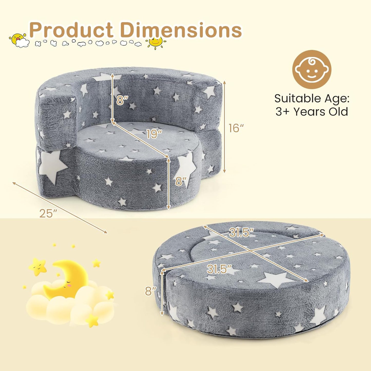 Costzon Kids Couch, 2 in 1 Convertible Toddler Reading Chair Sofa Glow in The Dark with 8-inch Sitting Cushion, Flannel Cover, Lightweight Children Plush Sofa Chair for Boys Girls Gifts