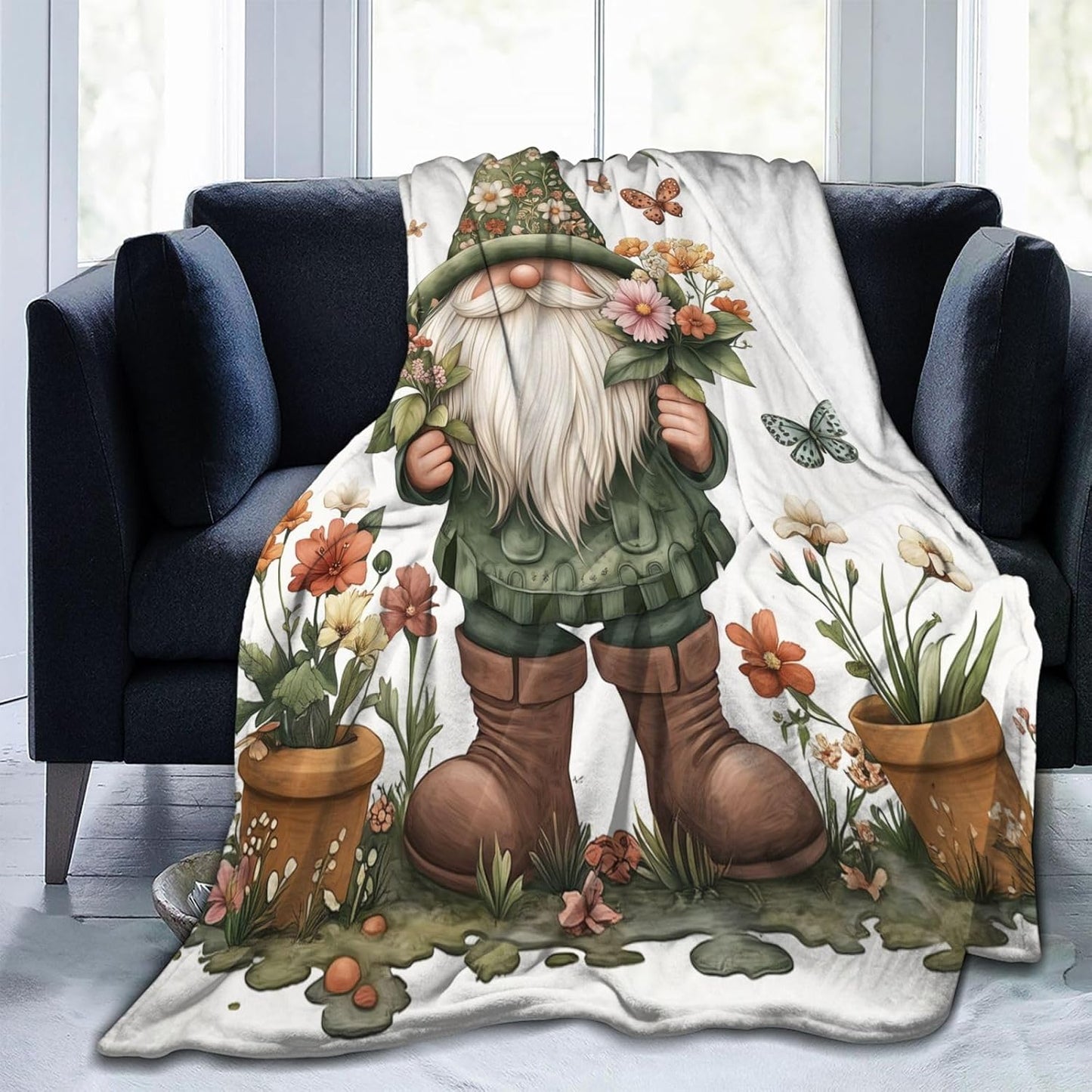 Gnome Flowers Blanket Floral Flannel Throw Blanket Lightweight Soft Warm Cozy Travel Blanket for Bed Couch Sofa Living Room Bedroom Gift for Women Men Girls Boys All Season 60"x50"