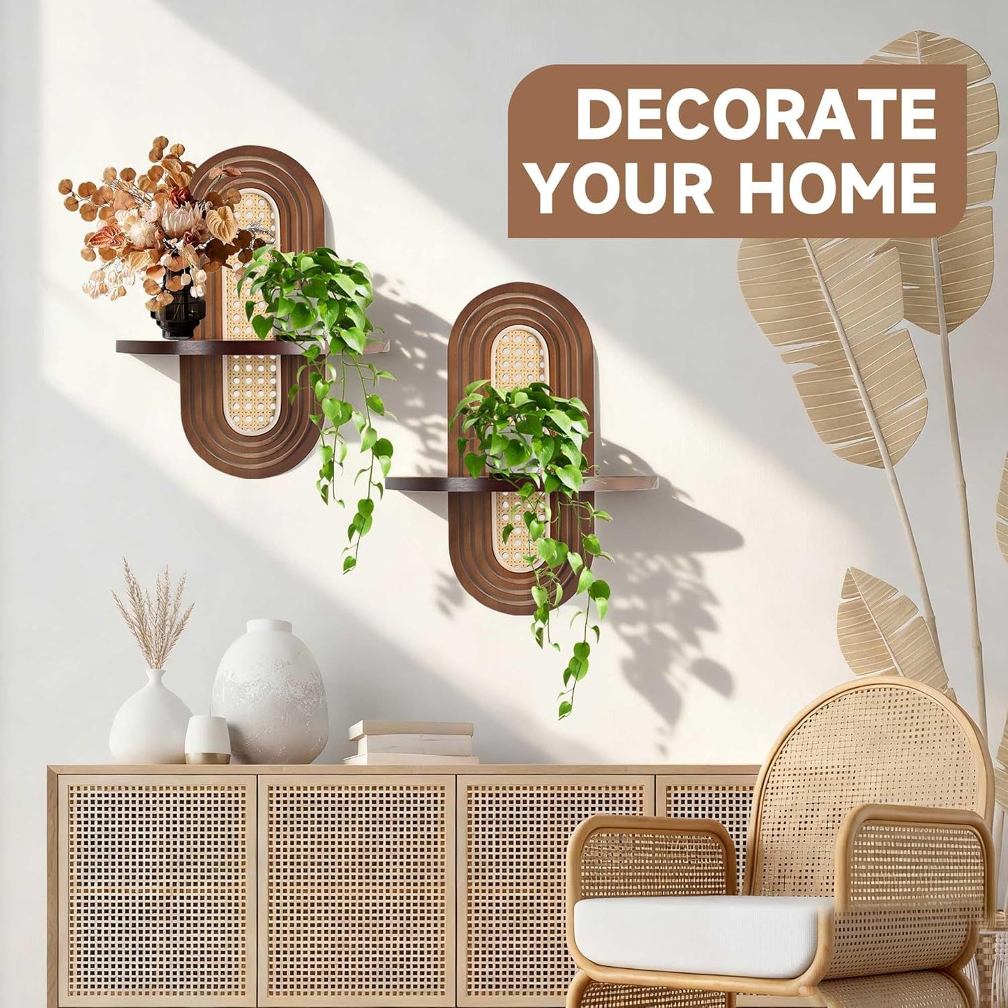 2 Pcs Wooden Arched Floating Shelf, Natural Wood Floating Shelves for Wall, Boho Rattan Wall-Mounted Shelf for Bedroom, Living Room, Nursery and Home Office, Decorative Book and Plant Display