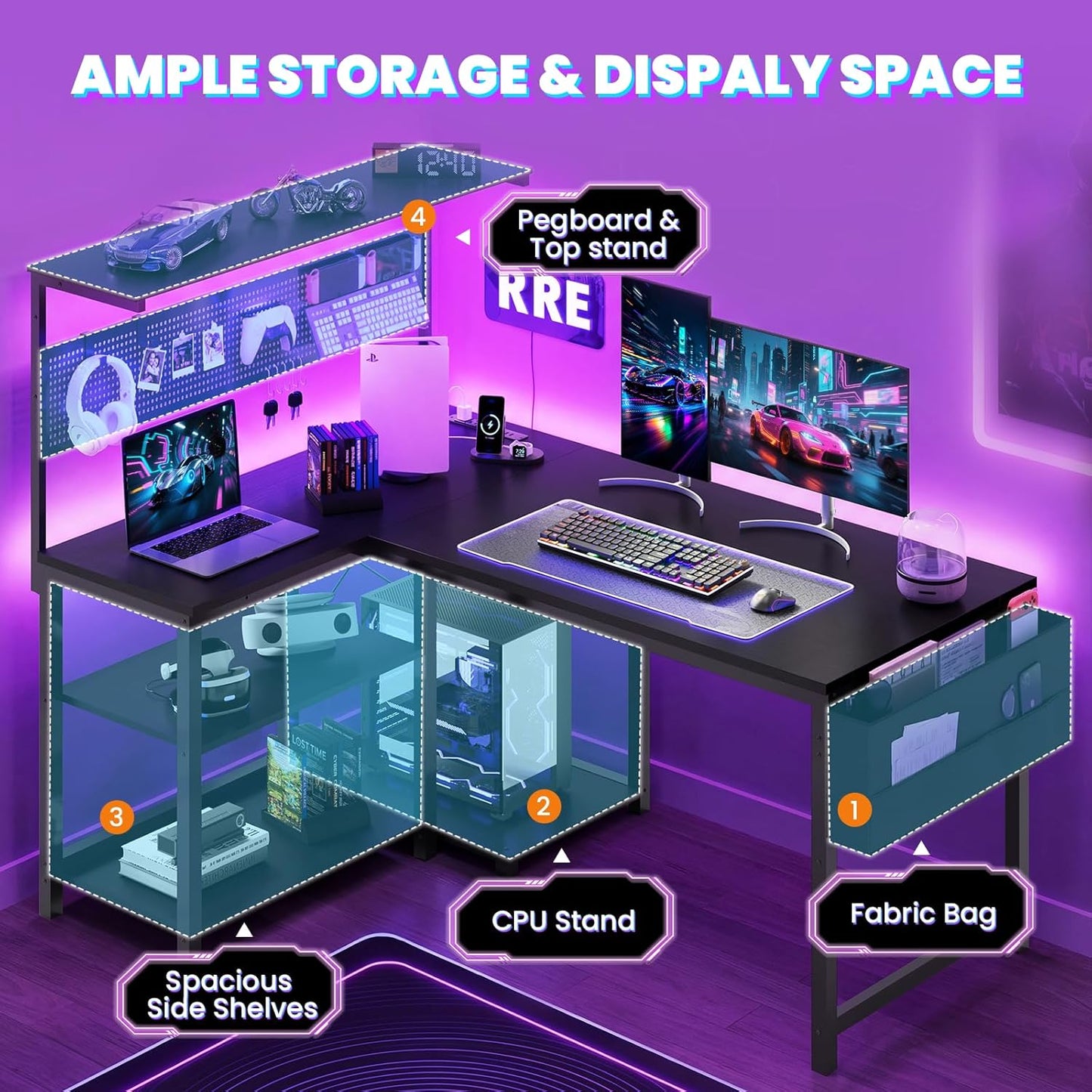 Apicizon L Shaped Desk Gaming Desk with LED Light & Power Outlet, 48 Inch Reversible Computer Desk with Pegboard & Shelf & Storage Bag for Home Office, Black