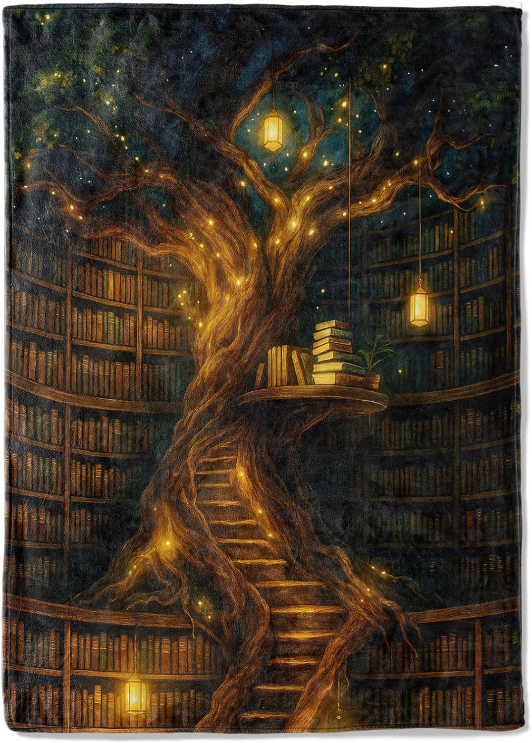 Fantasy Book Tree Fleece Blanket,60x80in,Magical Library with Glowing Lanterns and Staircase Throw Blankets,Soft Cozy Lightweight, Ideal for Bed Living Room Home Romantic Decor,Women Gifts