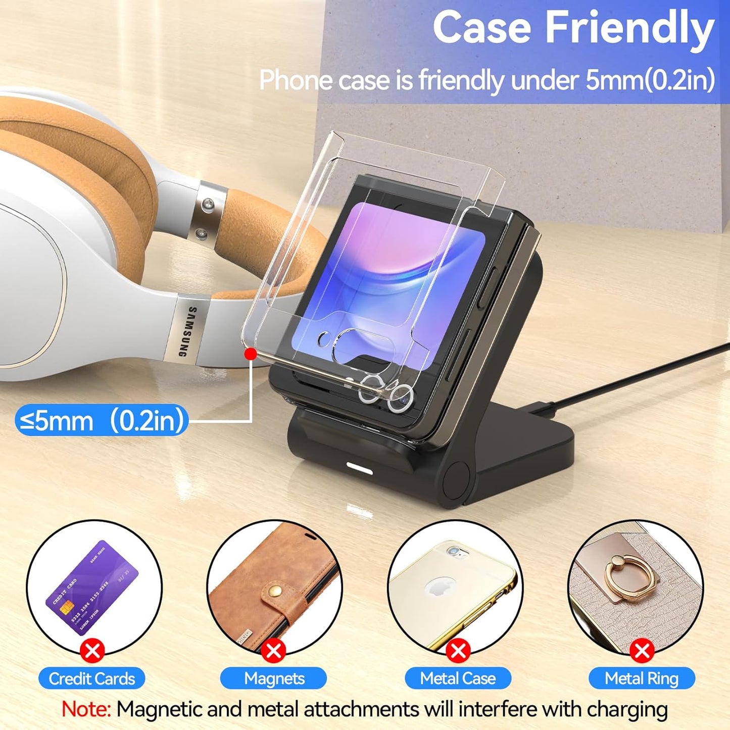 Geyo Wireless Charger for Samsung Galaxy Z Flip, 15W Fast Wireless Charging Stand, Compatible with Z Flip 7/6/5/4, for Motorola Razr/Razr+/Razr Ultra 2025, Non-Fold (QC3.0 Adapter Included) Black