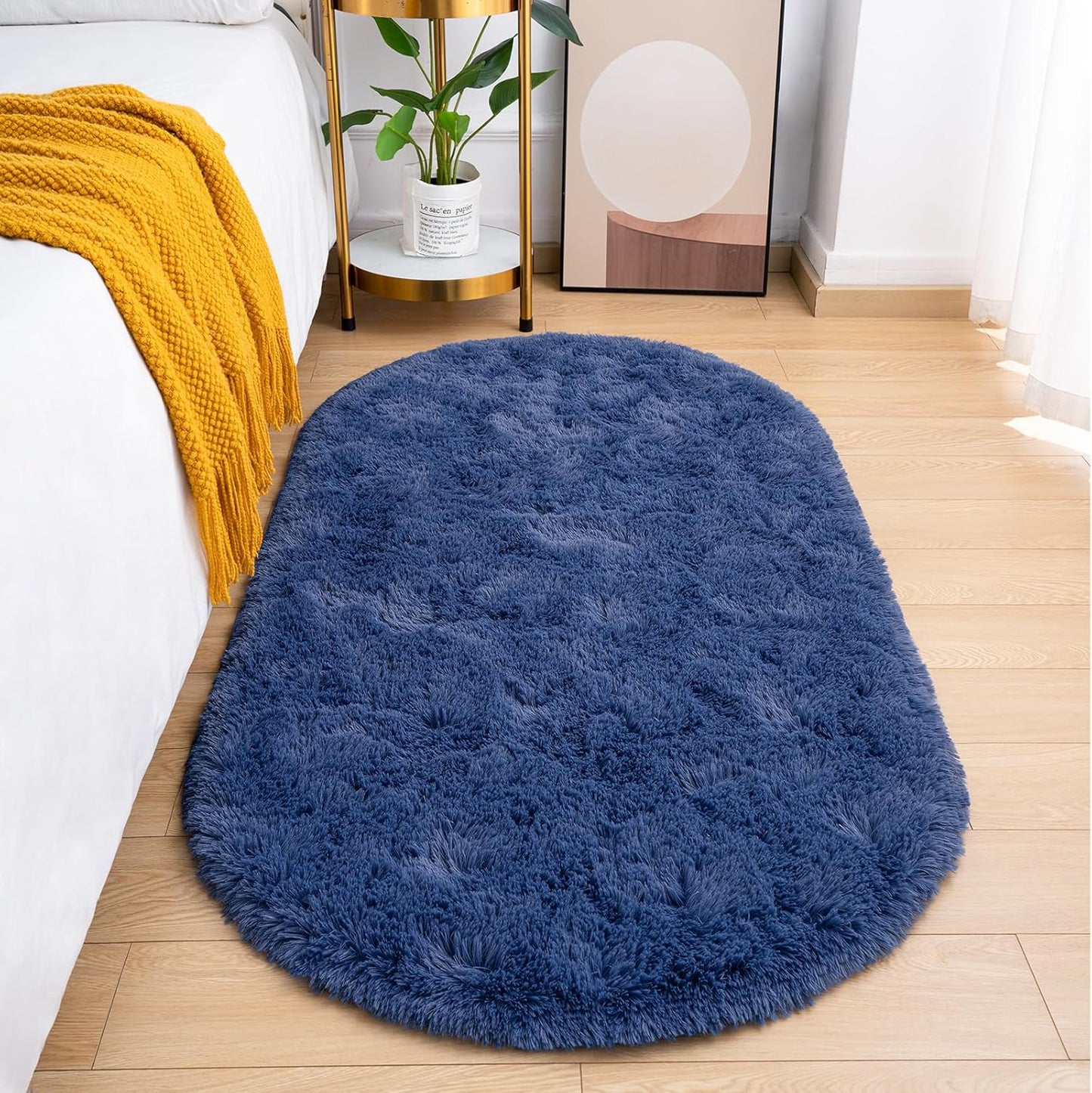 Fluffy Bedroom Rug, Small Oval Area Rugs, Light Navy Shag Bedside Carpet for Kids Room Nursery Dorm Cute Fuzzy Indoor Decor for Boy and Girl, 2.6 x 5.3 Feet