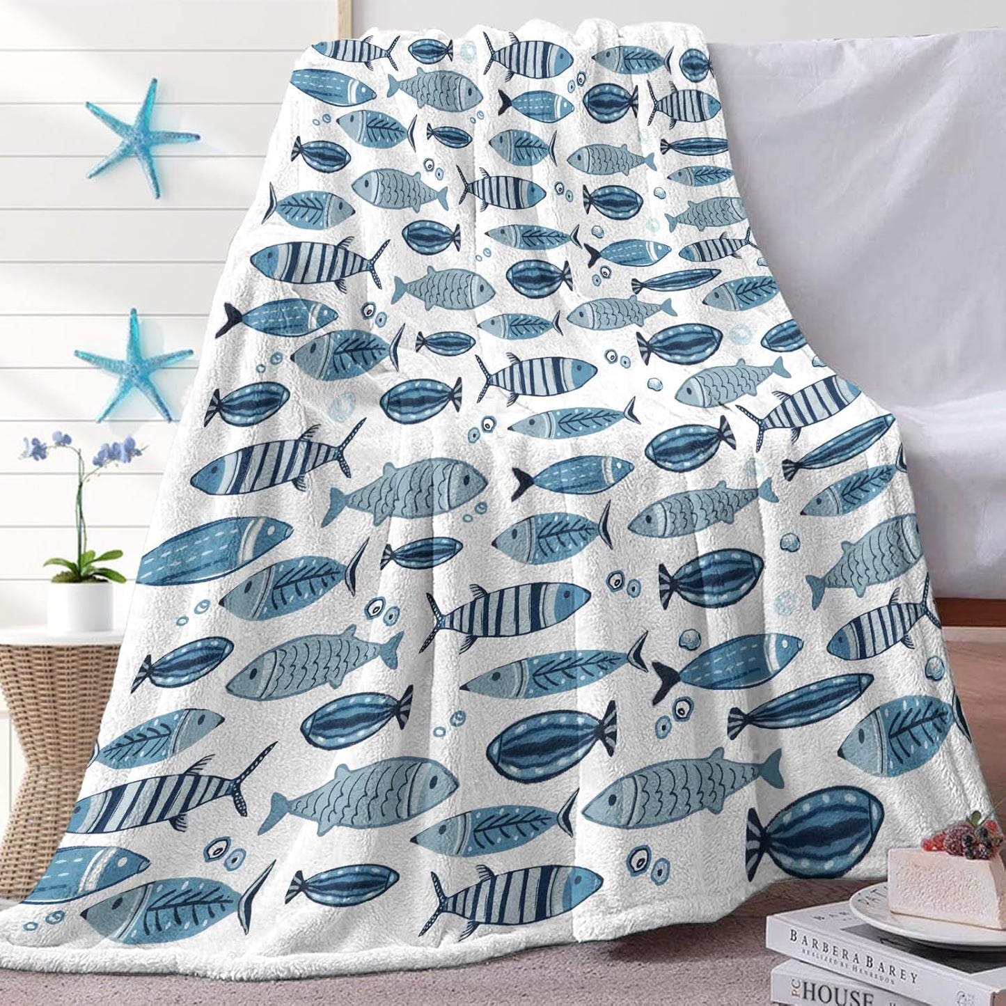 Coastal Blue Fish Theme Flannel Throw Blanket, Sea Ocean Birthday Gifts for Adults Kids Men Women, Beach Nautical Soft Blankets for Bedding Sofa 50" x 60"