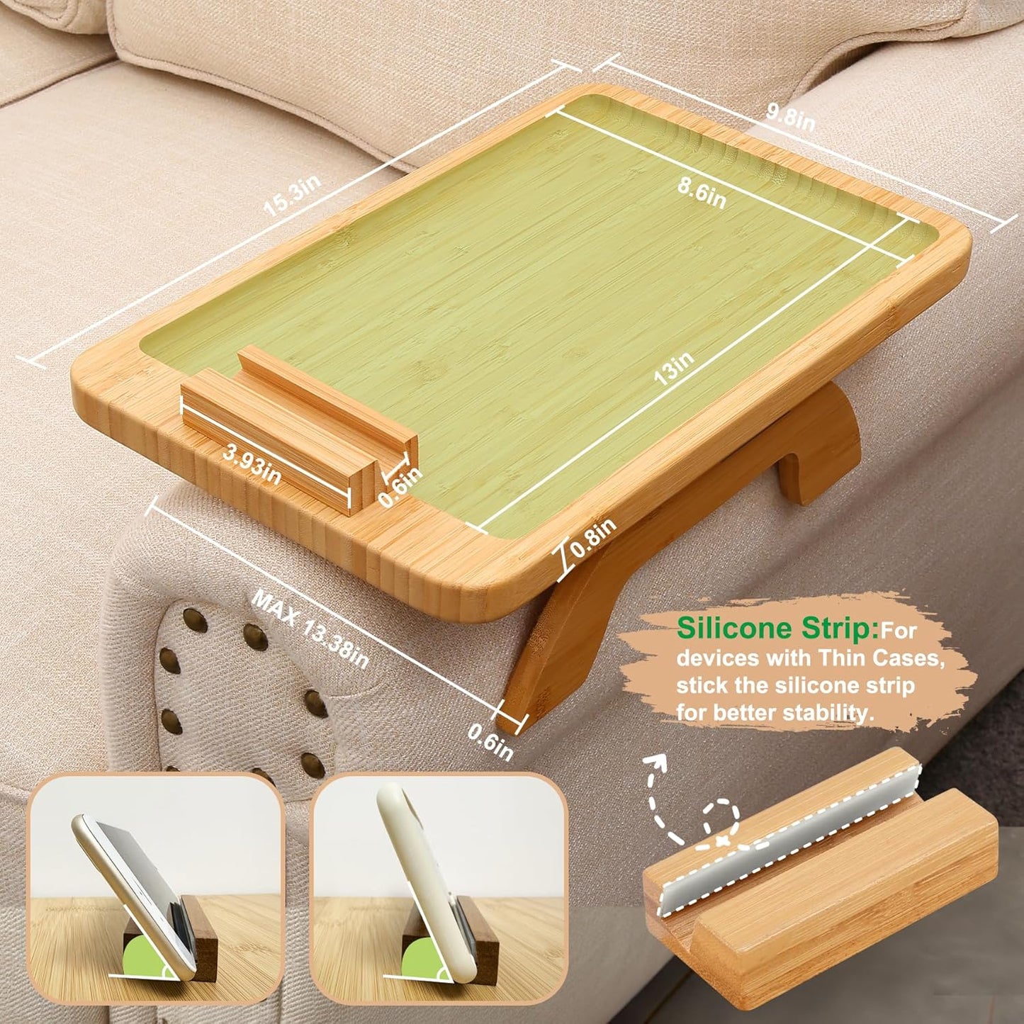 SINWANT Couch Arm Tray,Bamboo Sofa Clip on Side Table,Foldable Couch Armrest Table with 360° Phone Holder,Food Trays for Eating/Drinks/Snacks/Remote 15.35" x 9.8"
