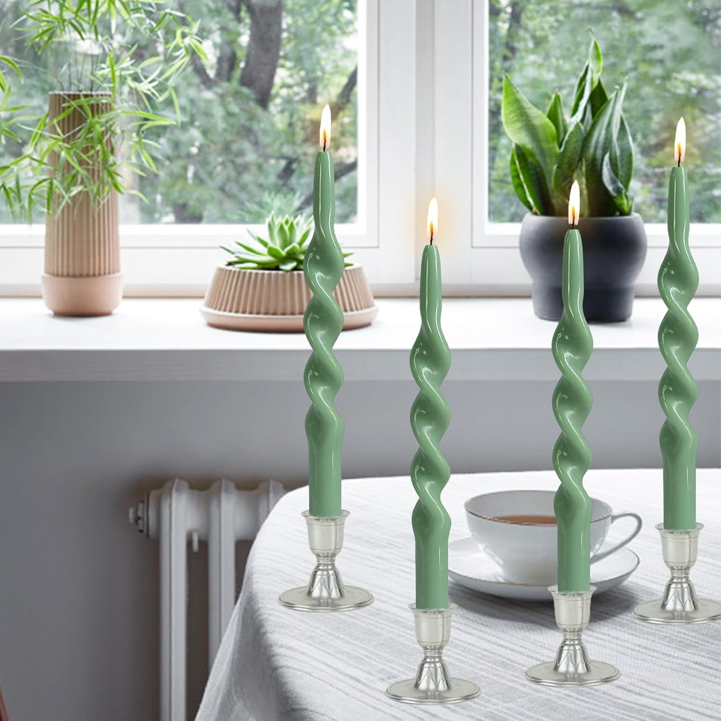 10 Inches Spiral Taper Candles Sticks Sage Green Twisted Candle Dripless Unscented Long Candles, Handmade Candlesticks for Wedding Dinner Decor, Set of 4