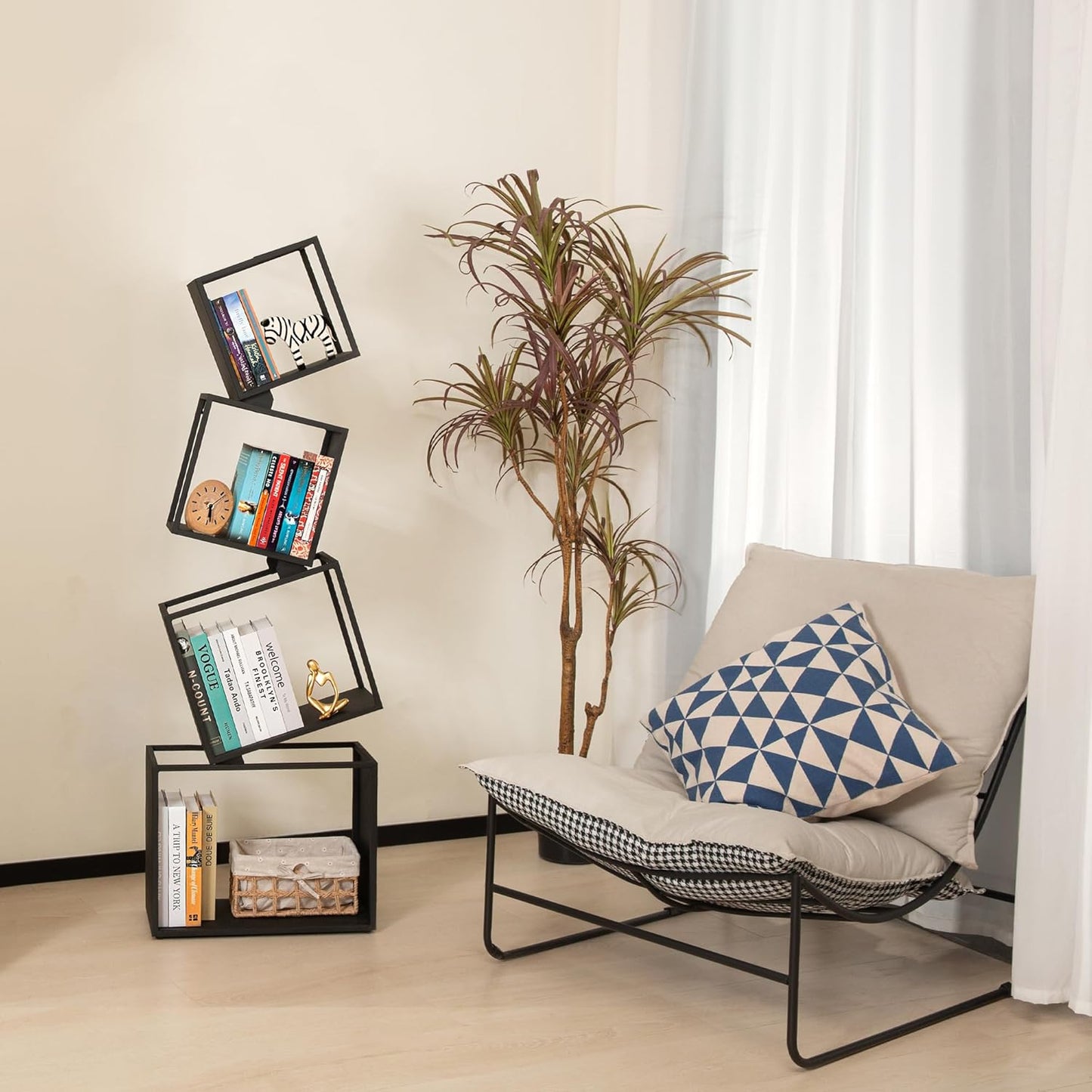 Geometric Book Shelf 4 Tier, Black Metal Bookshelf 49 Inch, Mordern Narrow Bookcase, Skinny Corner Bookshelves for Bedroom, Living Room, Office, Home Decor