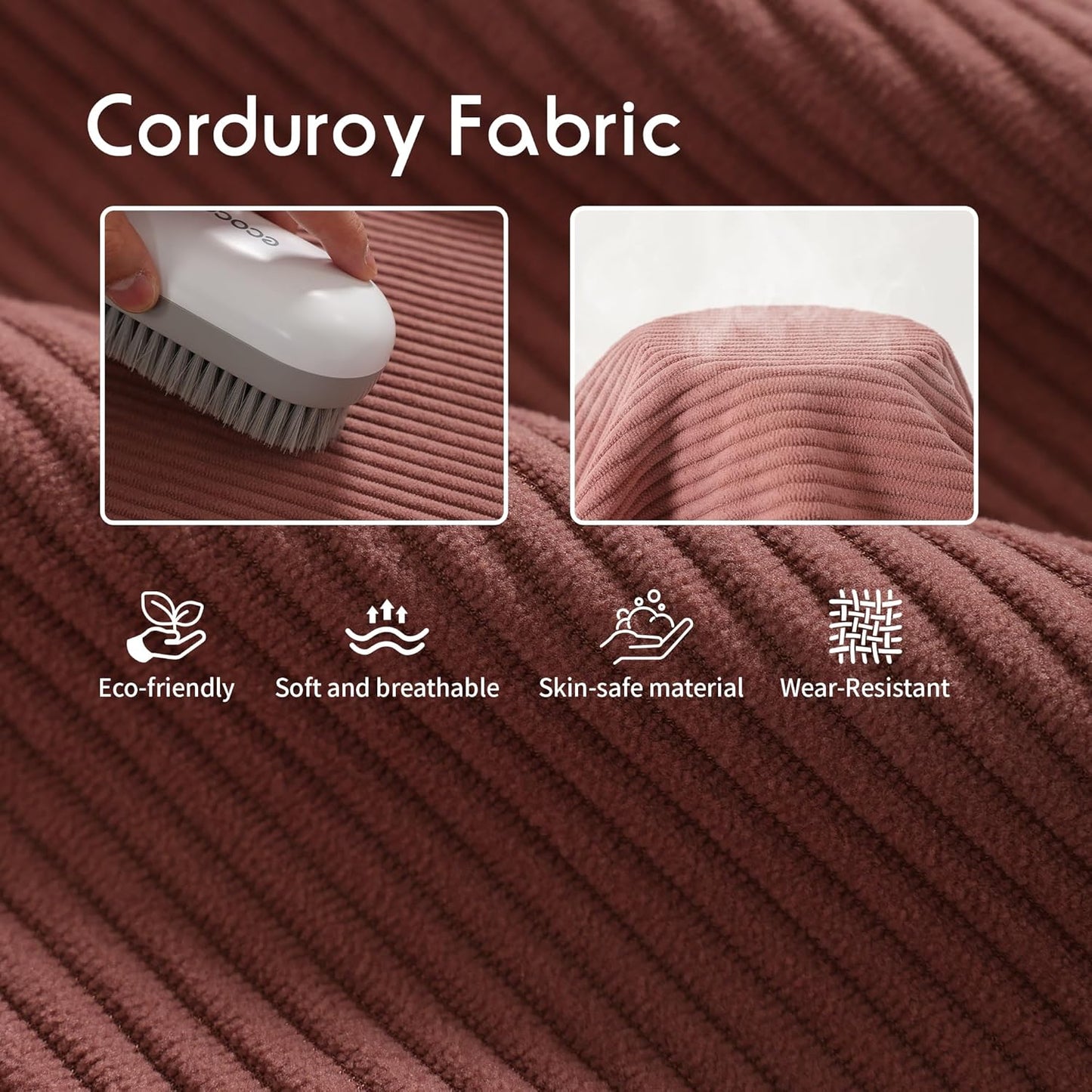 Corduroy Reading Pillow with Arms & Detachable Neck Roll, Bed Rest Back Support, Adult Cushion for Sitting Sofa & Floor, Side Pockets & Washable Cover, Brick Brown