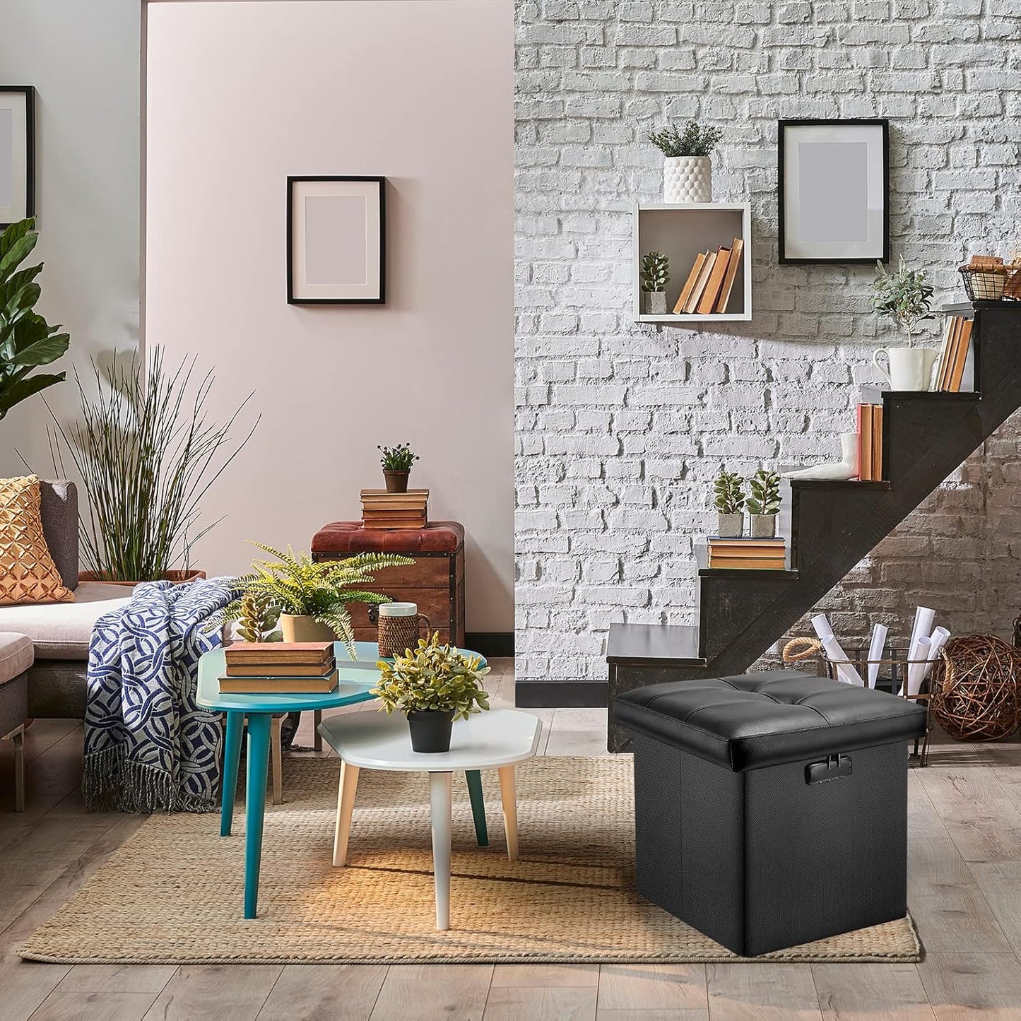 Tamfile Small Ottoman with Storage, 13 x 13 x 13 inch Fireproof Safe Folding Ottoman with Lock for Important Documents, Waterproof Foot Rest Stool with Storage, Ottoman Foot Rest with Handle, Black